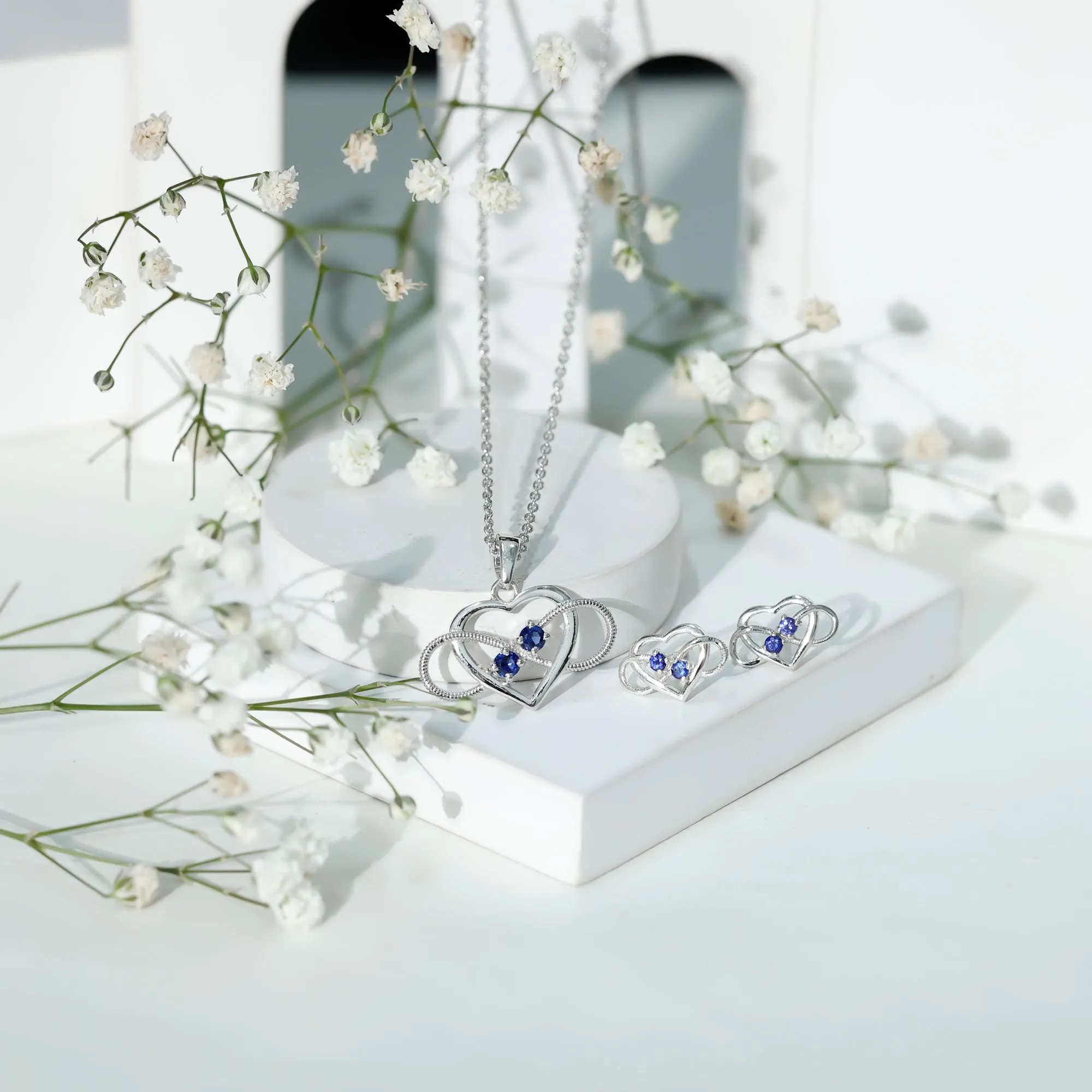 Lab Grown Blue Sapphire Infinity Heart Jewelry Set