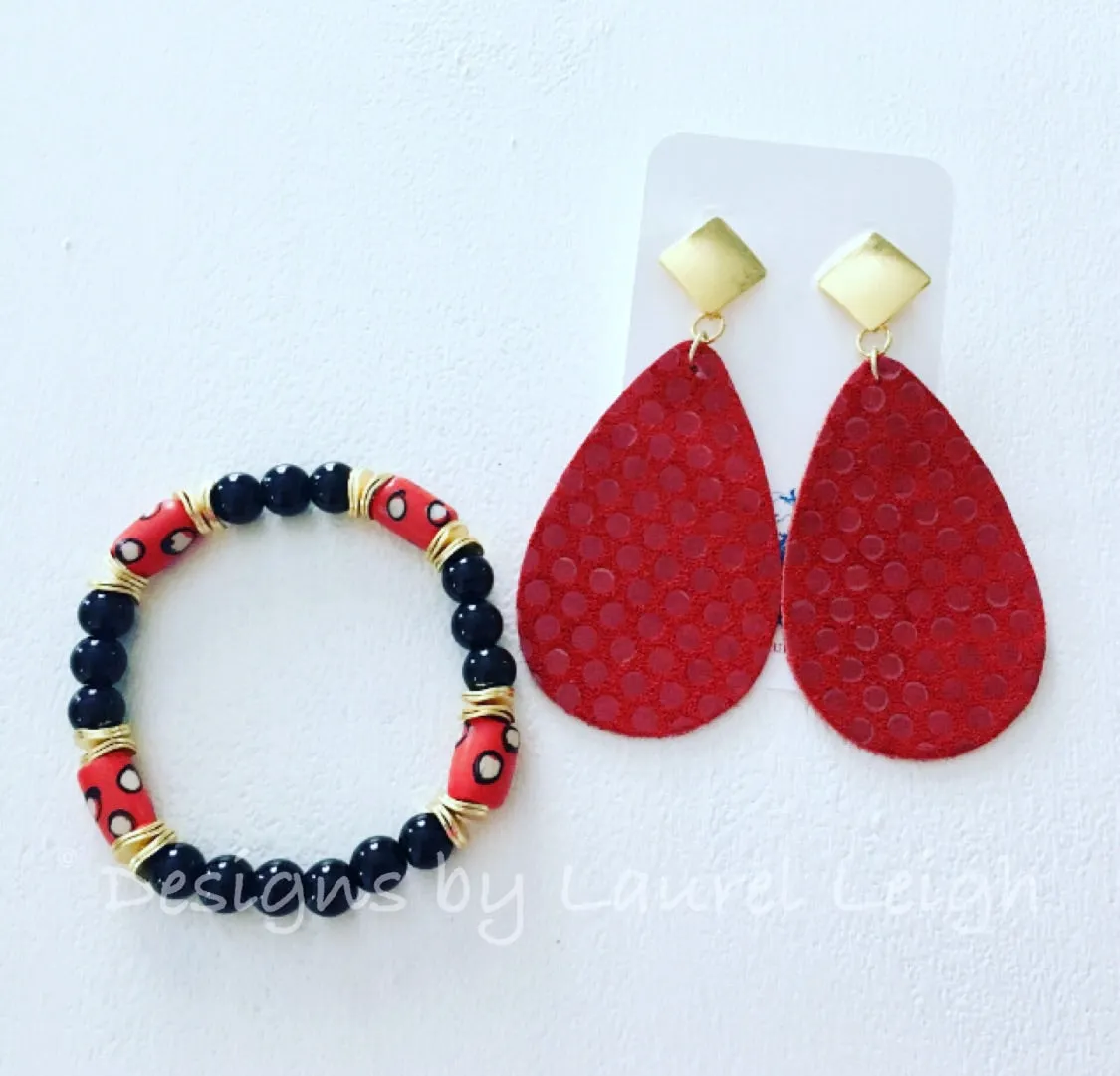 Leather Polka Dot Statement Earrings - Red