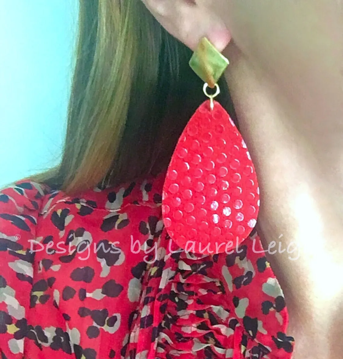 Leather Polka Dot Statement Earrings - Red