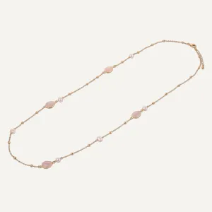 Long Rose Quartz & Pearl Crystal Stone Necklace In Gold-Tone