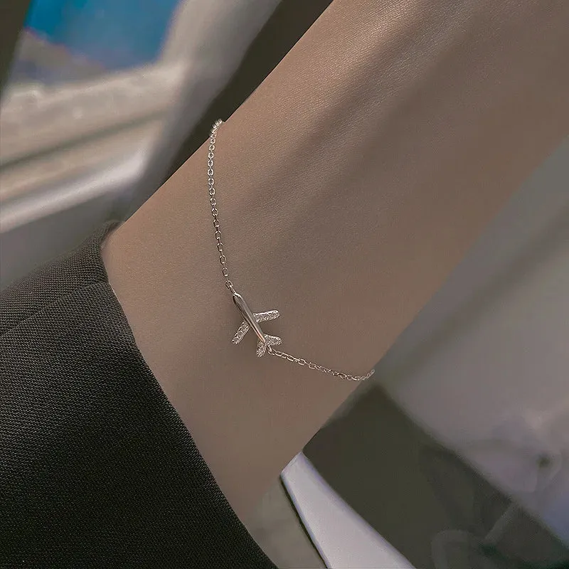 Mewanry Silver Color Sparkling Zircon Airplane Bracelet for Women Simple Elegant Jewelry Gifts Prevent Allergy