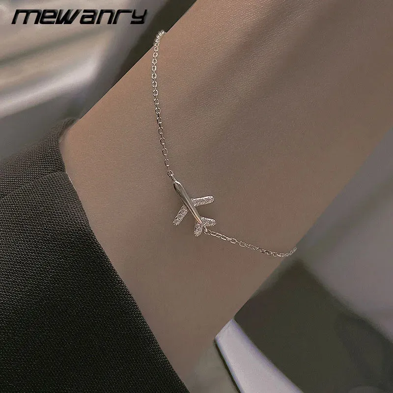 Mewanry Silver Color Sparkling Zircon Airplane Bracelet for Women Simple Elegant Jewelry Gifts Prevent Allergy
