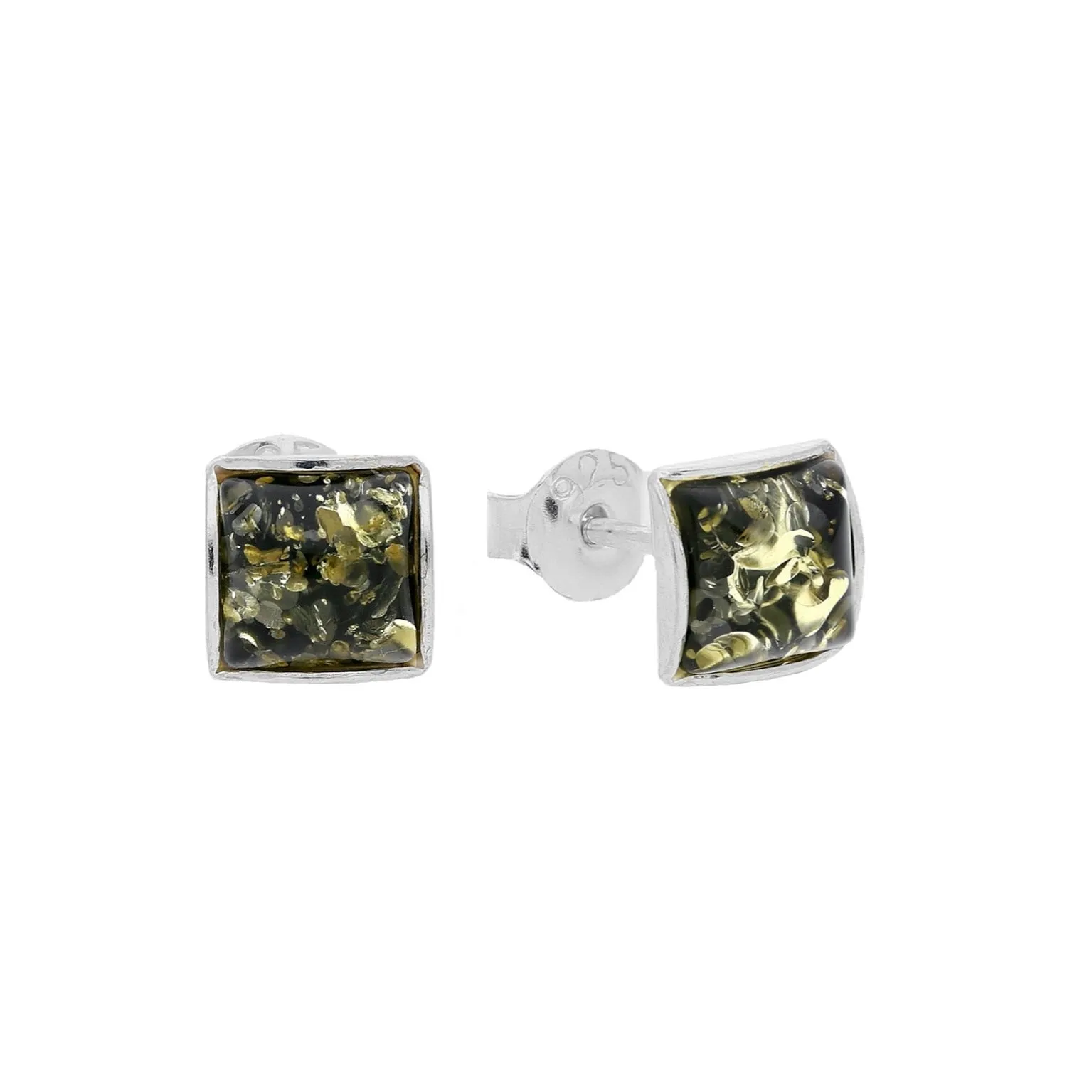 MILENA Stud Earrings Silver and Green Amber Square 6mm