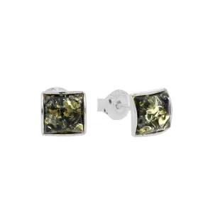 MILENA Stud Earrings Silver and Green Amber Square 6mm