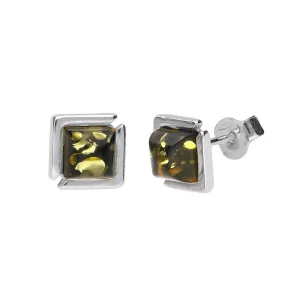 MILENA Stud Earrings Silver and Green Baltic Amber Elegant Squares