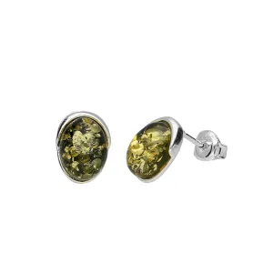 MILENA Stud Earrings Silver and Green Baltic Amber Ovals