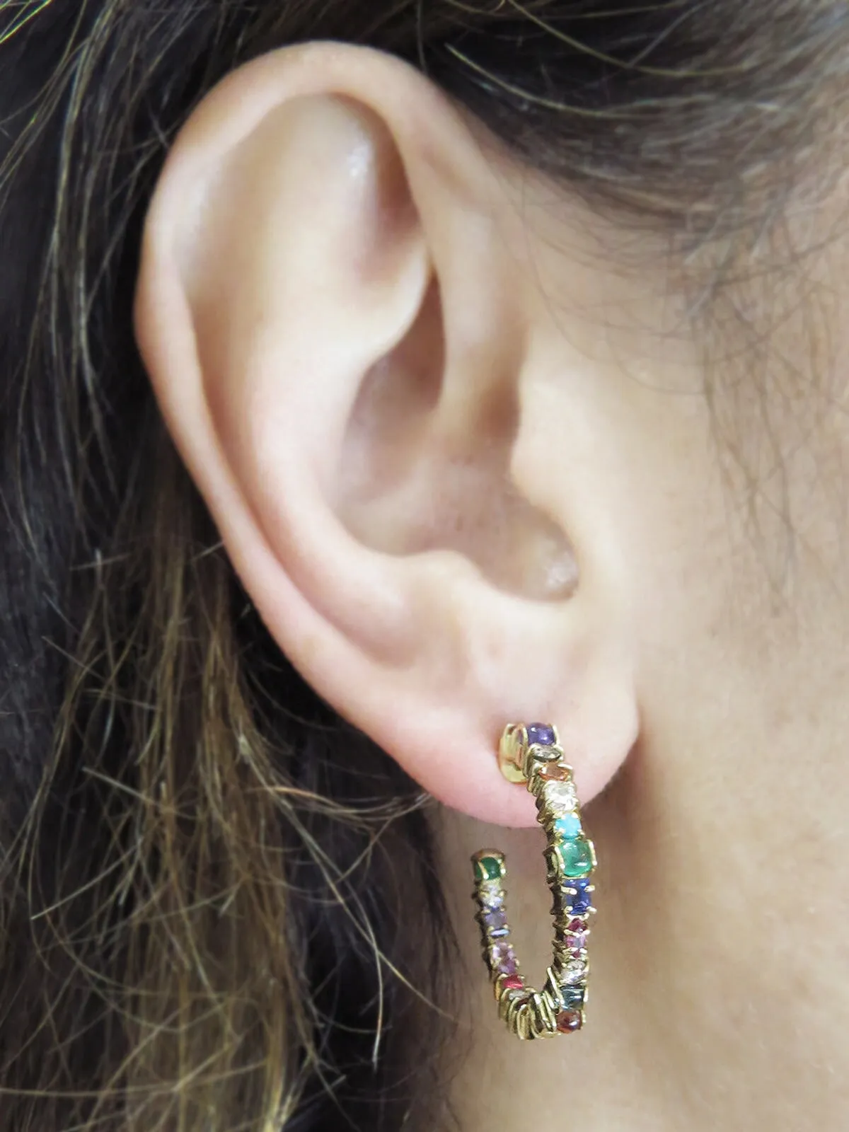 Multi-Stone Inside Out Baby Yellow Gold Hoop Earrings