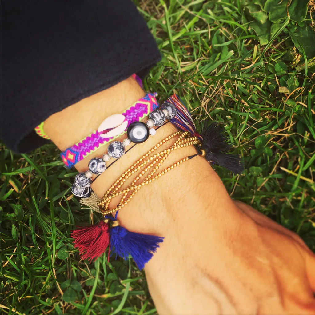 Multicolour Double Tassel Bead Drawstring Bracelet