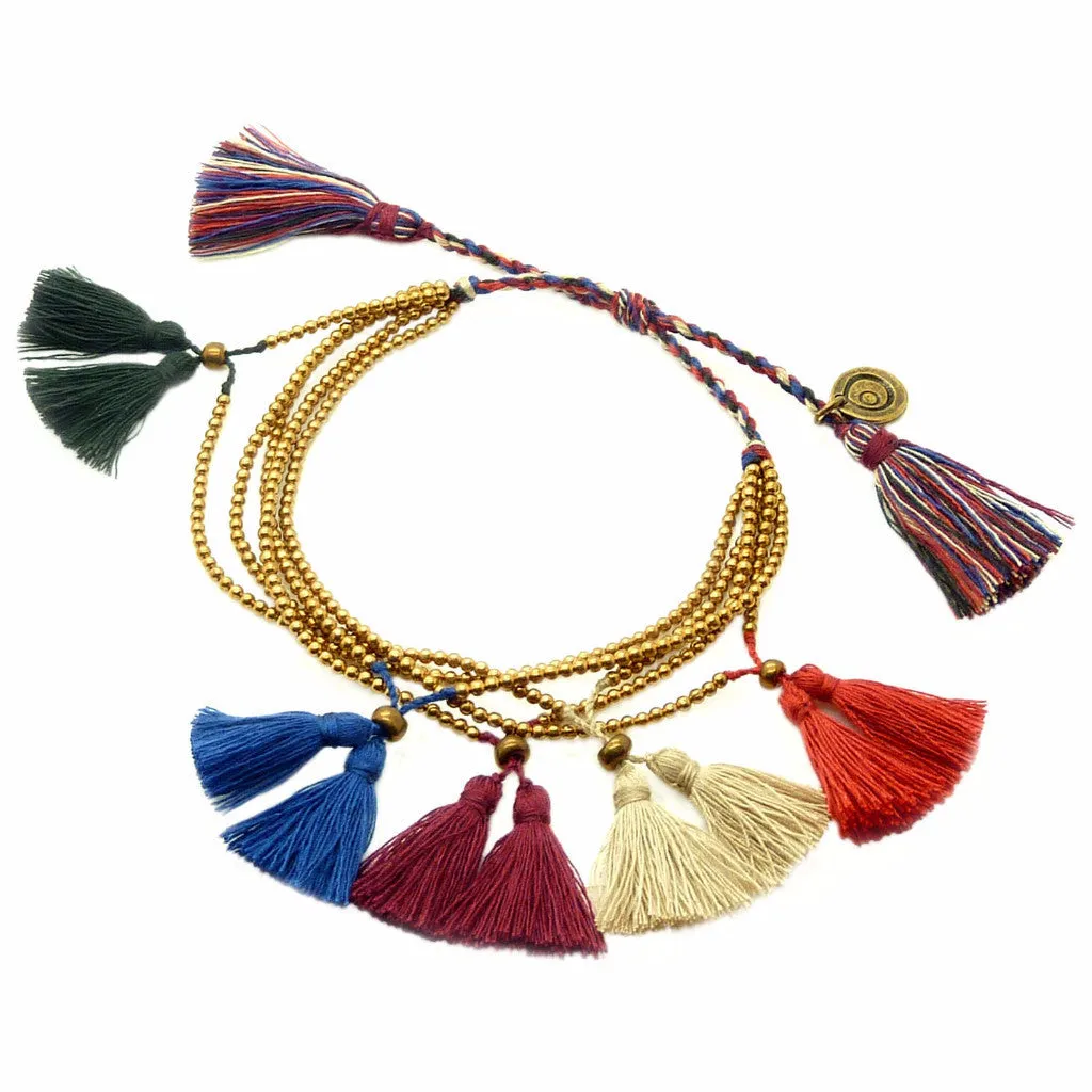 Multicolour Double Tassel Bead Drawstring Bracelet