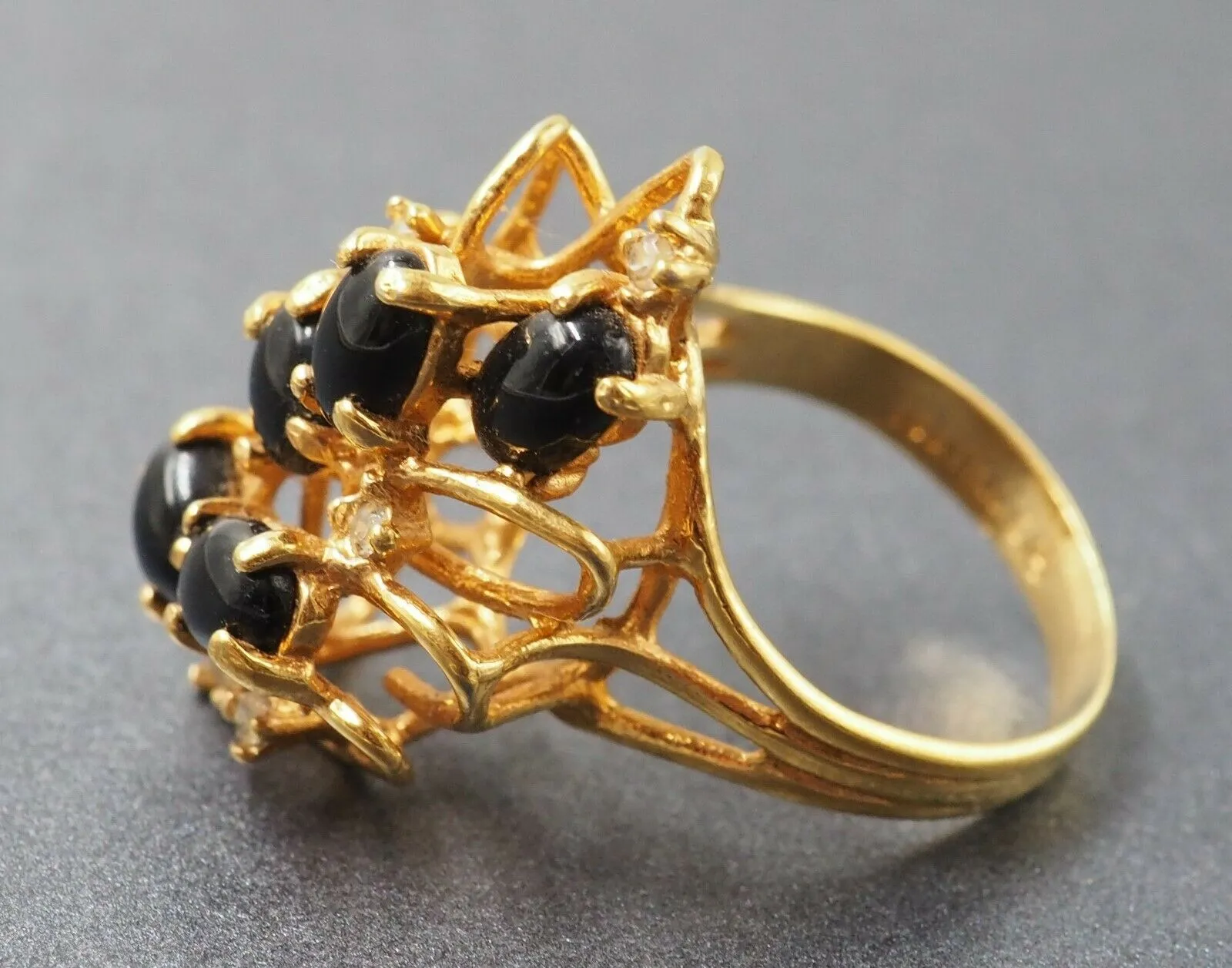 Onyx & Rhinestone 18ct Yellow Gold Plated Cluster Ring