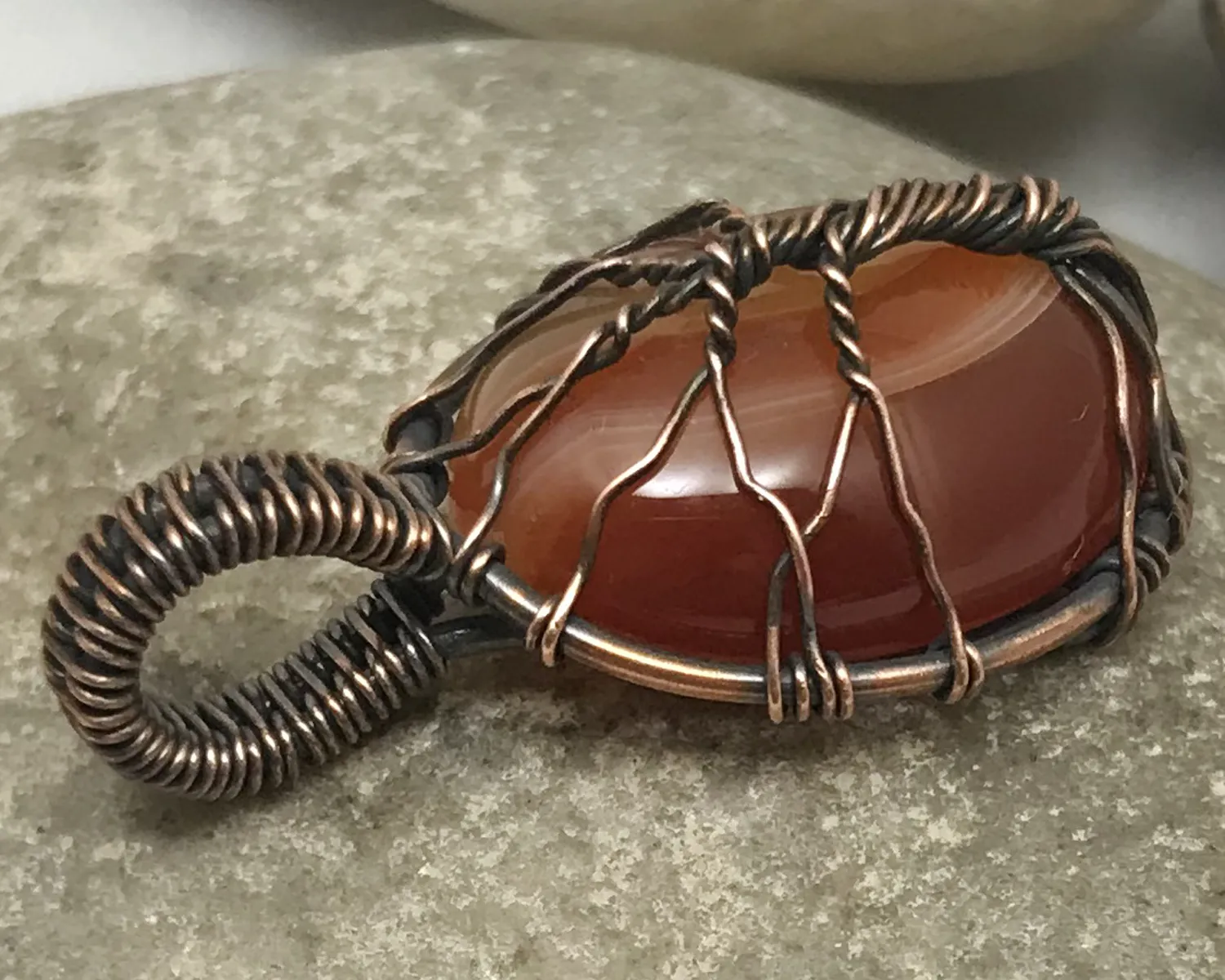 Oxidized Copper Wire Woven Carnelian Tree Of Life Mini Pendant