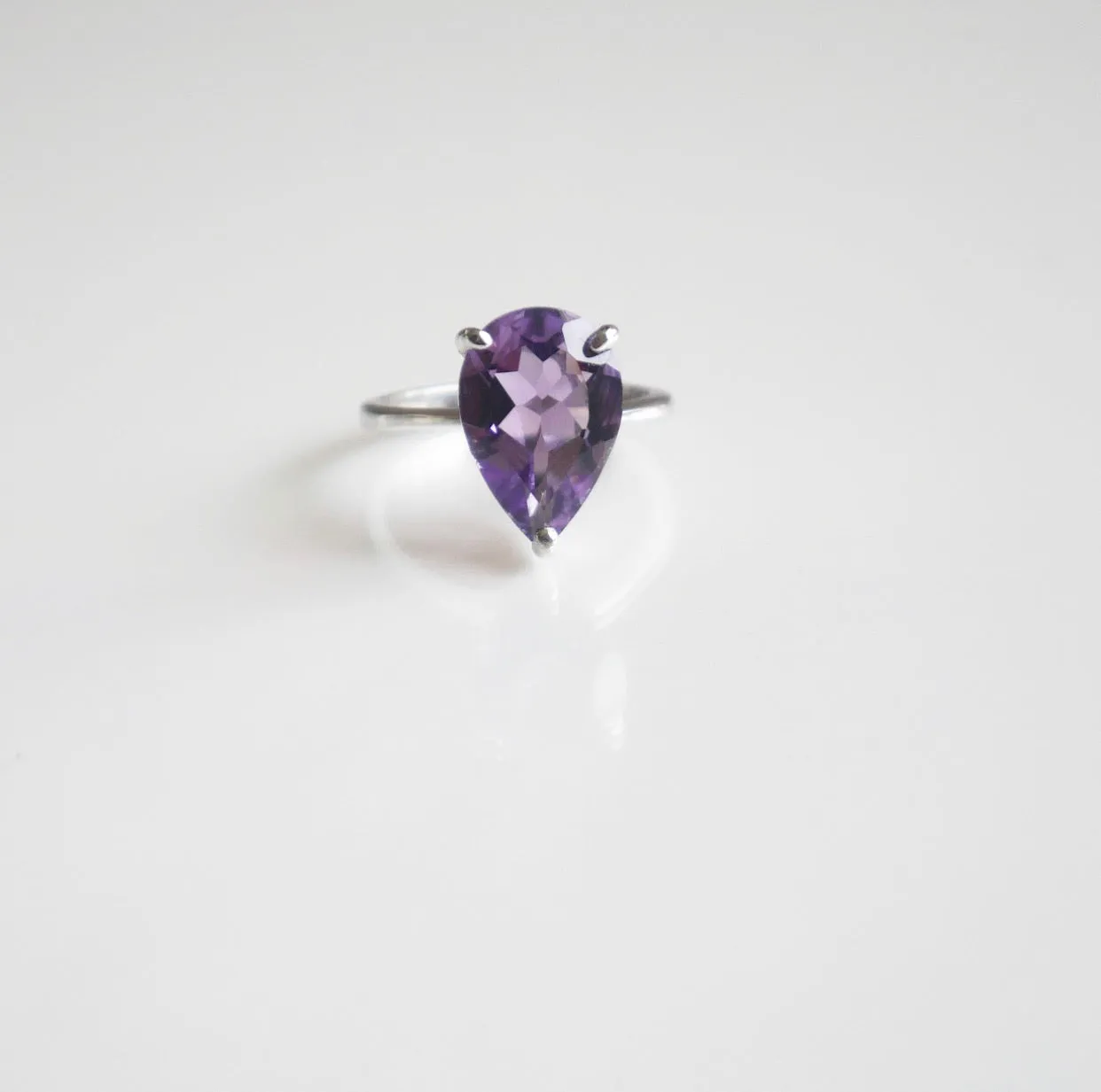 Pear Amethyst Silver Ring, .925 Sterling Silver Natural Gemstone Pear Shape Birthstone  Luxe Cocktail Ring