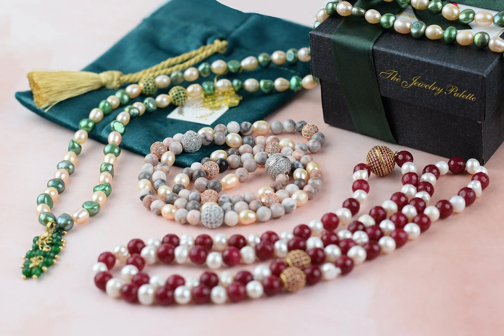 Pink and green pearl tasbeeh (rosary) with green chain tassel