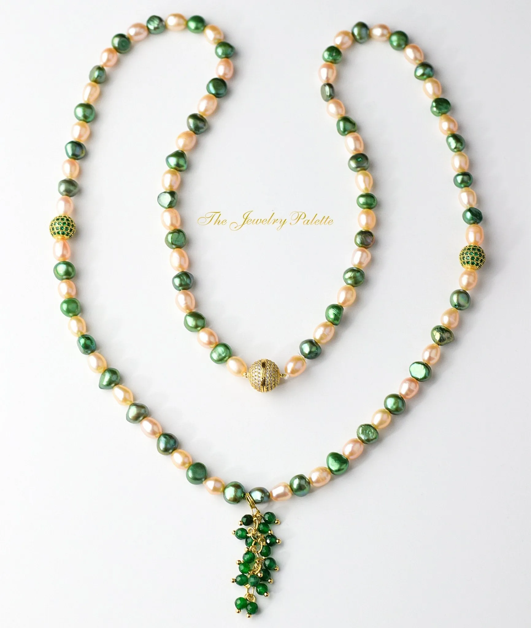 Pink and green pearl tasbeeh (rosary) with green chain tassel