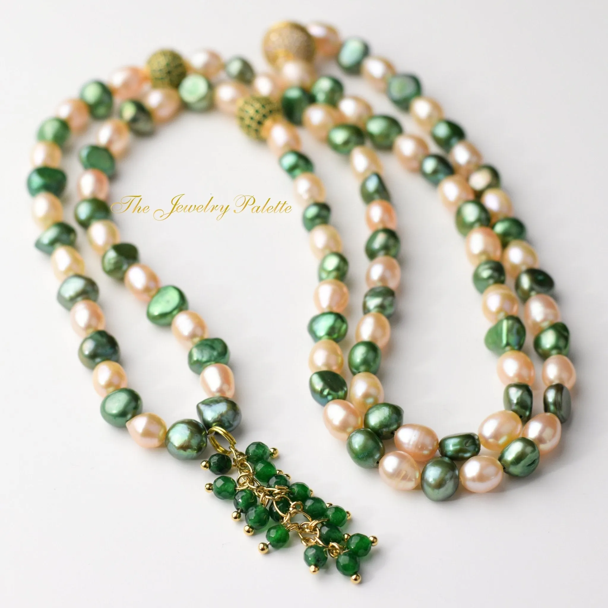 Pink and green pearl tasbeeh (rosary) with green chain tassel