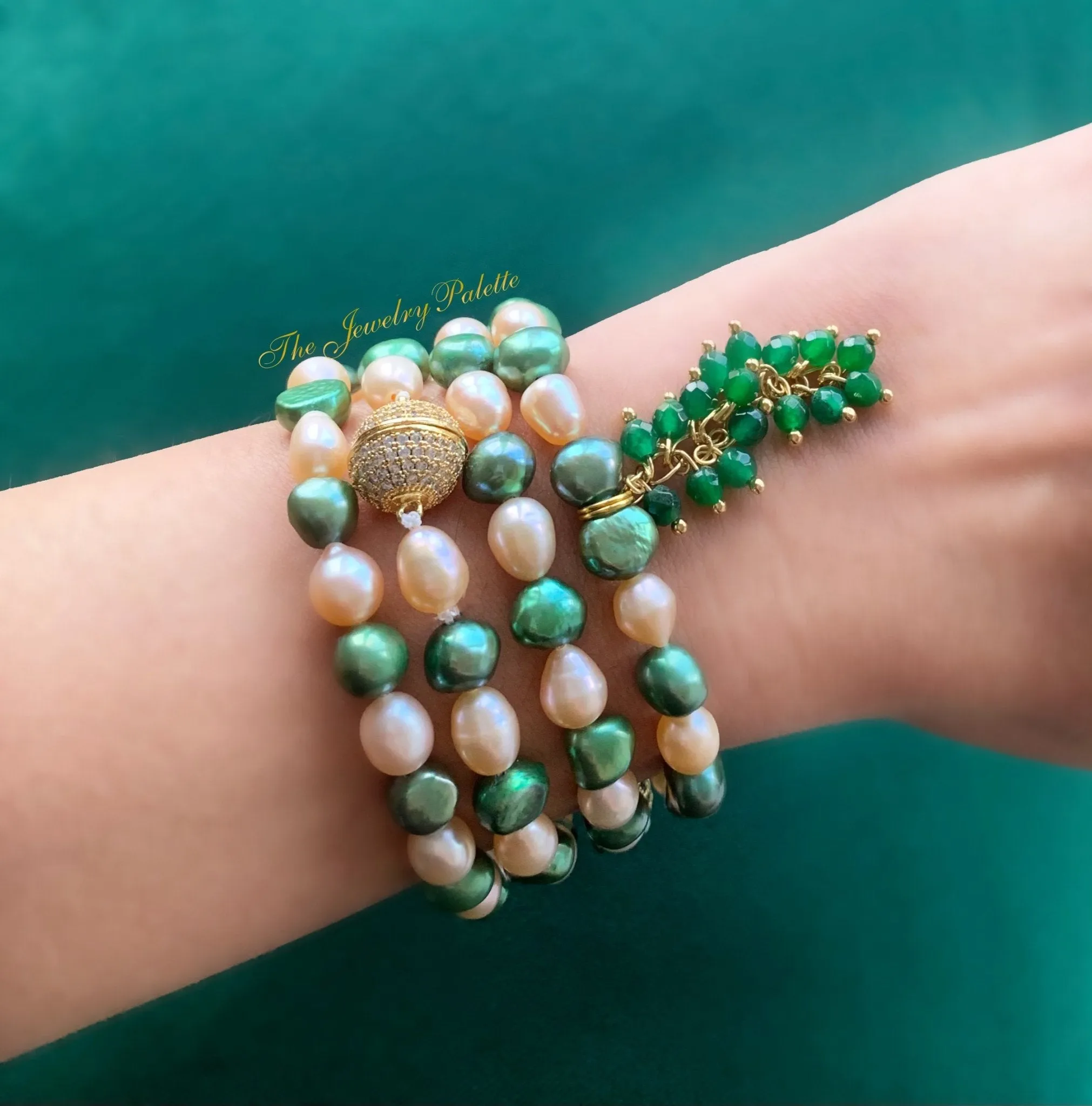 Pink and green pearl tasbeeh (rosary) with green chain tassel