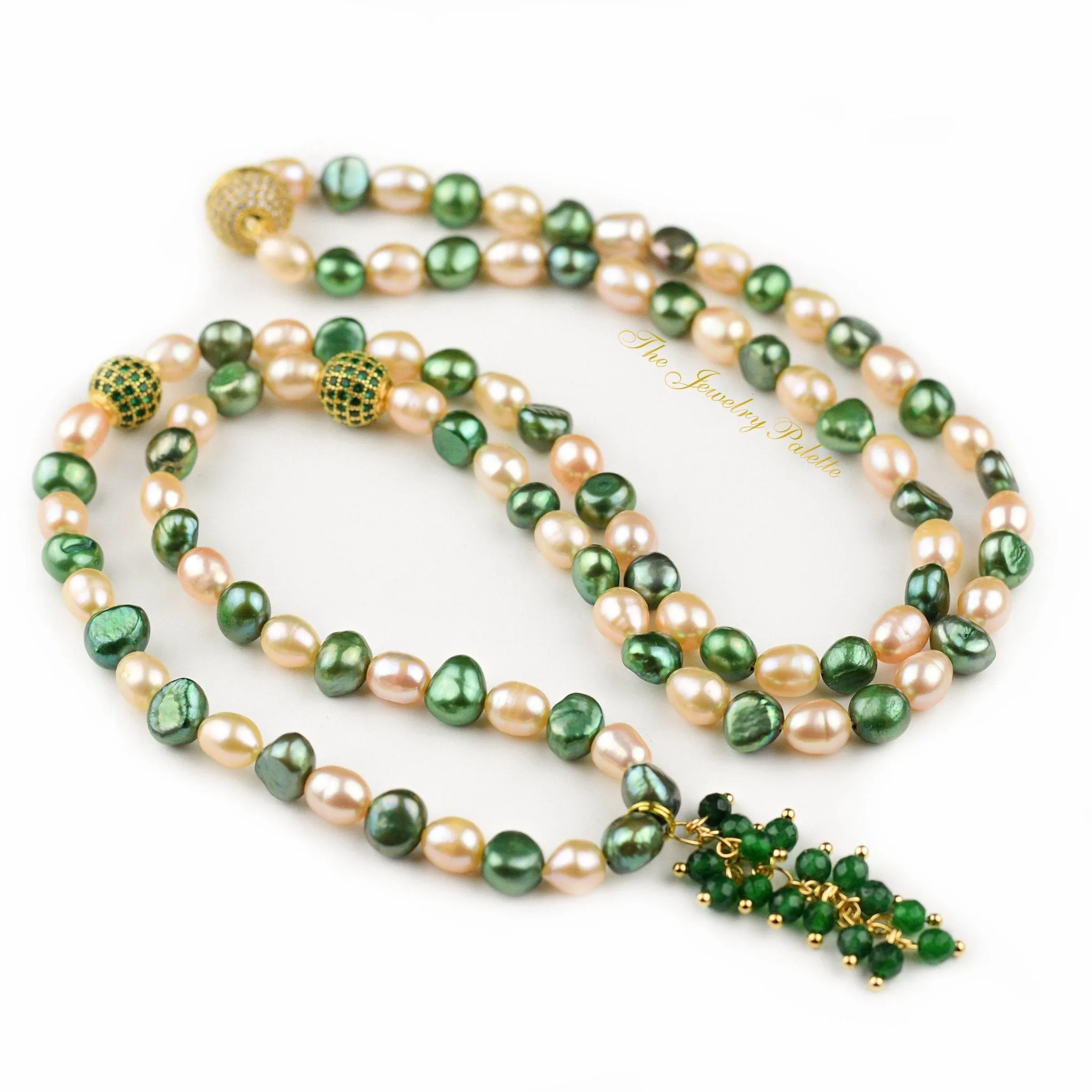 Pink and green pearl tasbeeh (rosary) with green chain tassel