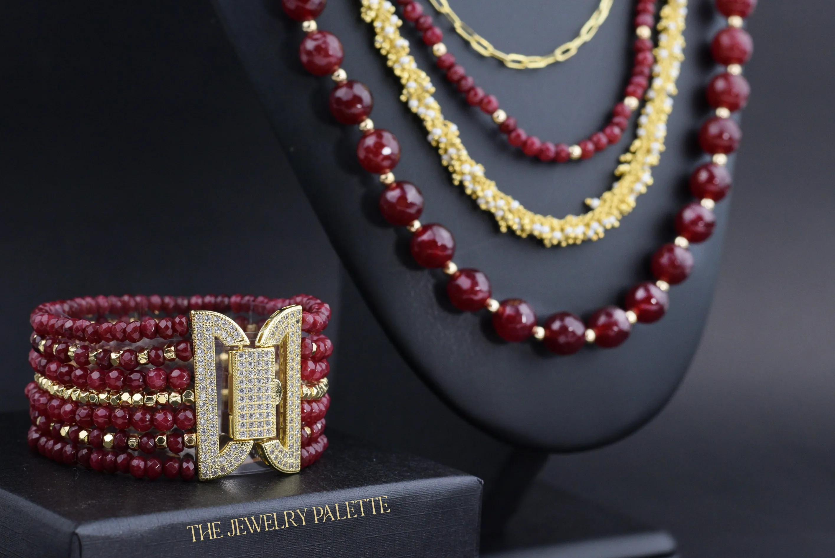 Roxanne luxe maroon gemstones and gold multitier bracelet