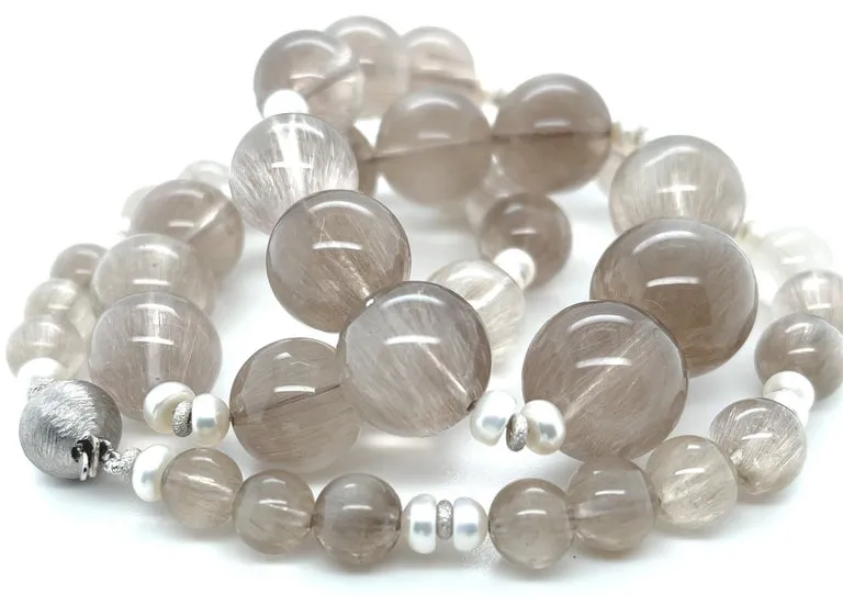 Rutilated Quartz Beaded Necklace with Pearls and White Gold, 24 Inches