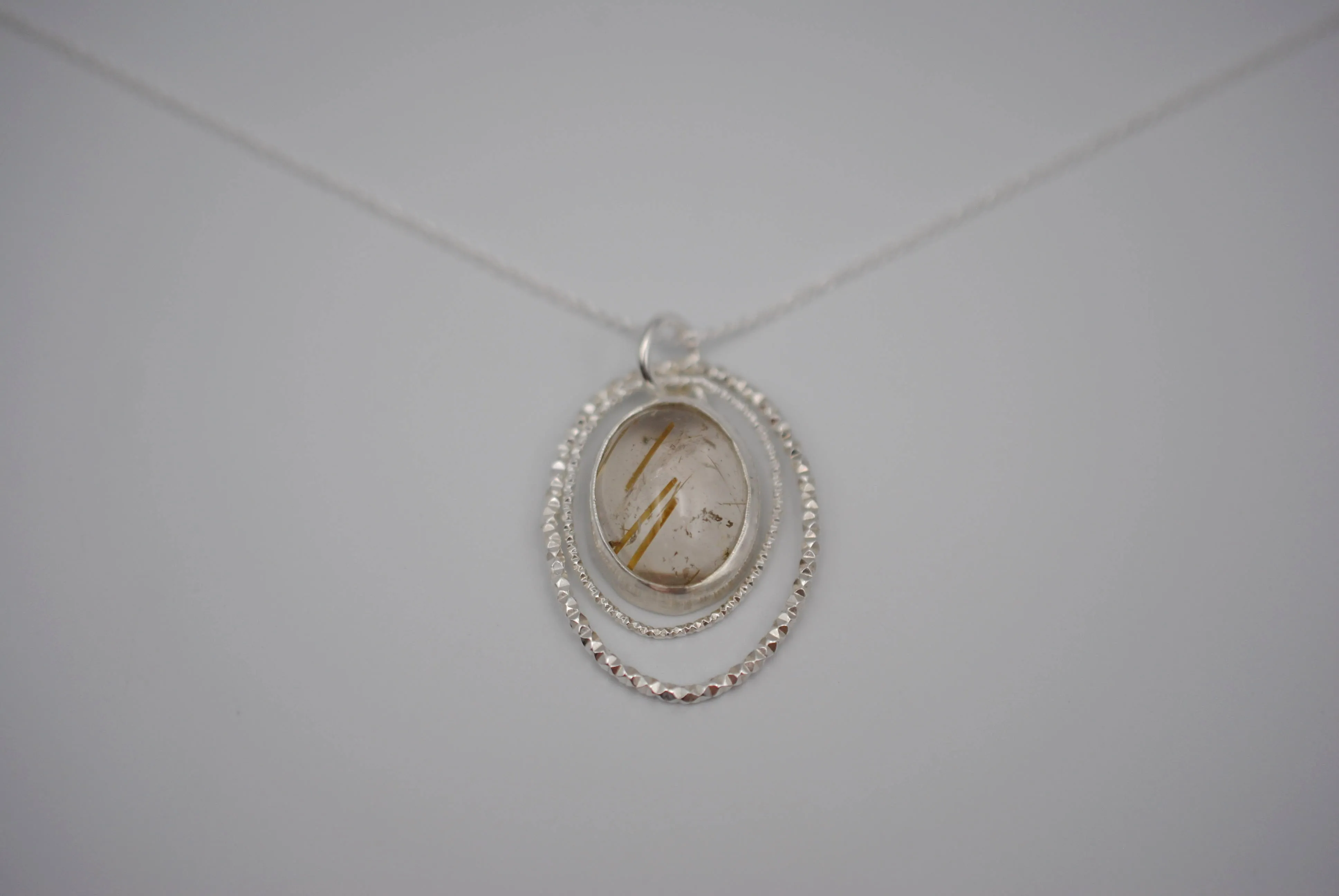 Rutilated Quartz Bezel Setting with Sparkle Halo Necklace