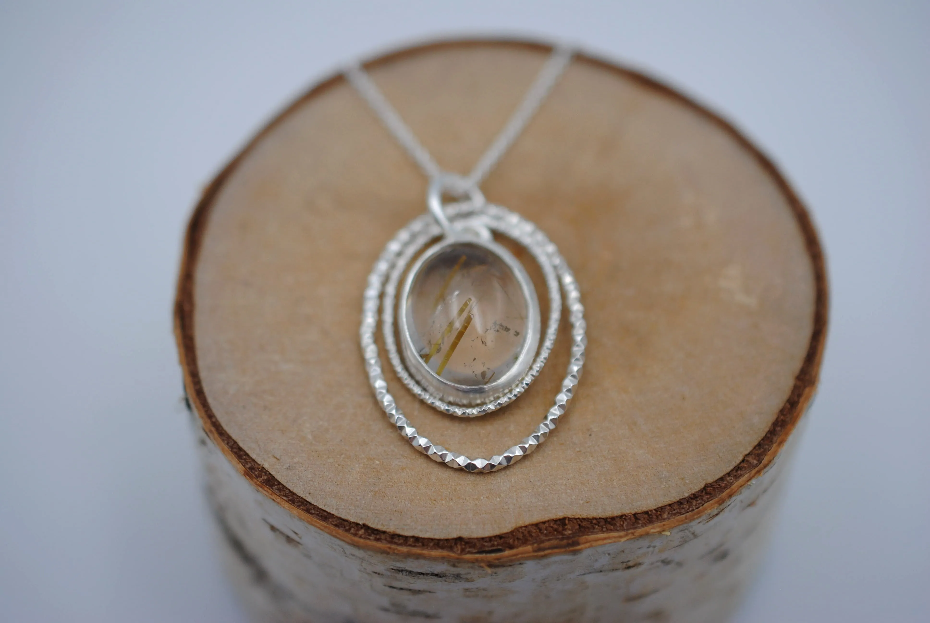 Rutilated Quartz Bezel Setting with Sparkle Halo Necklace