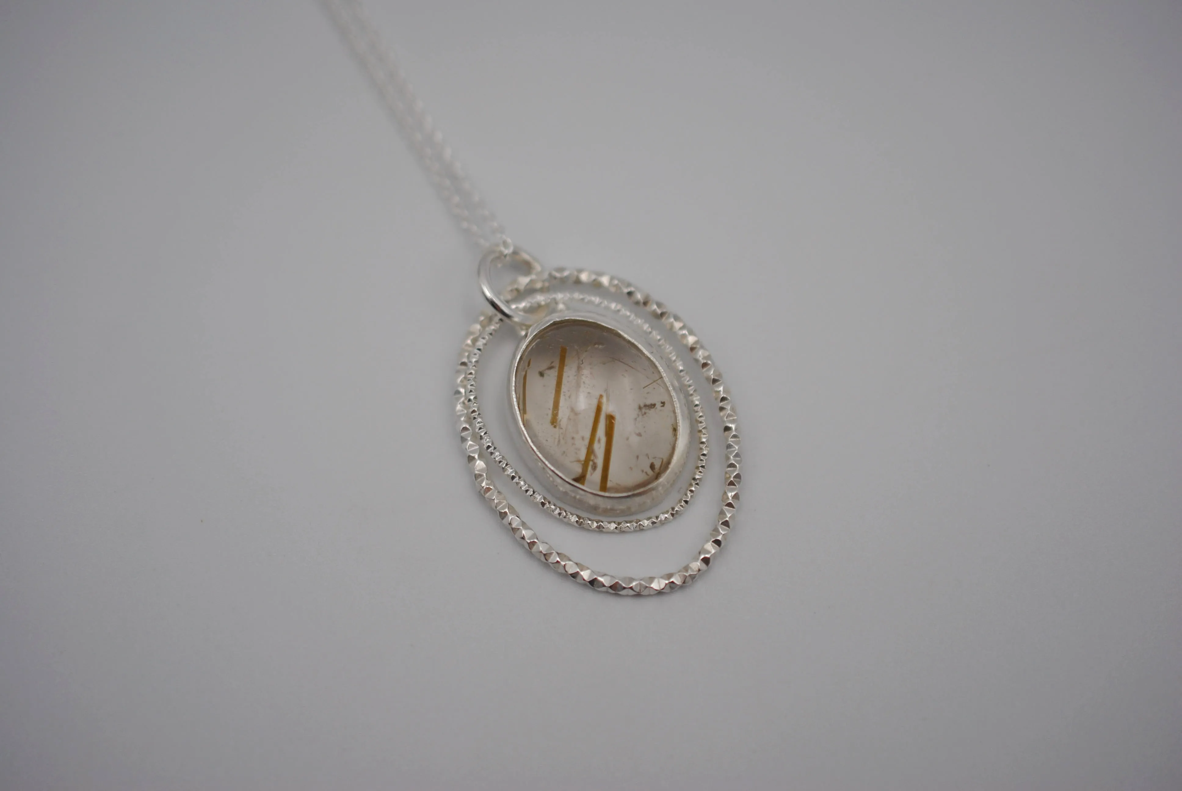 Rutilated Quartz Bezel Setting with Sparkle Halo Necklace