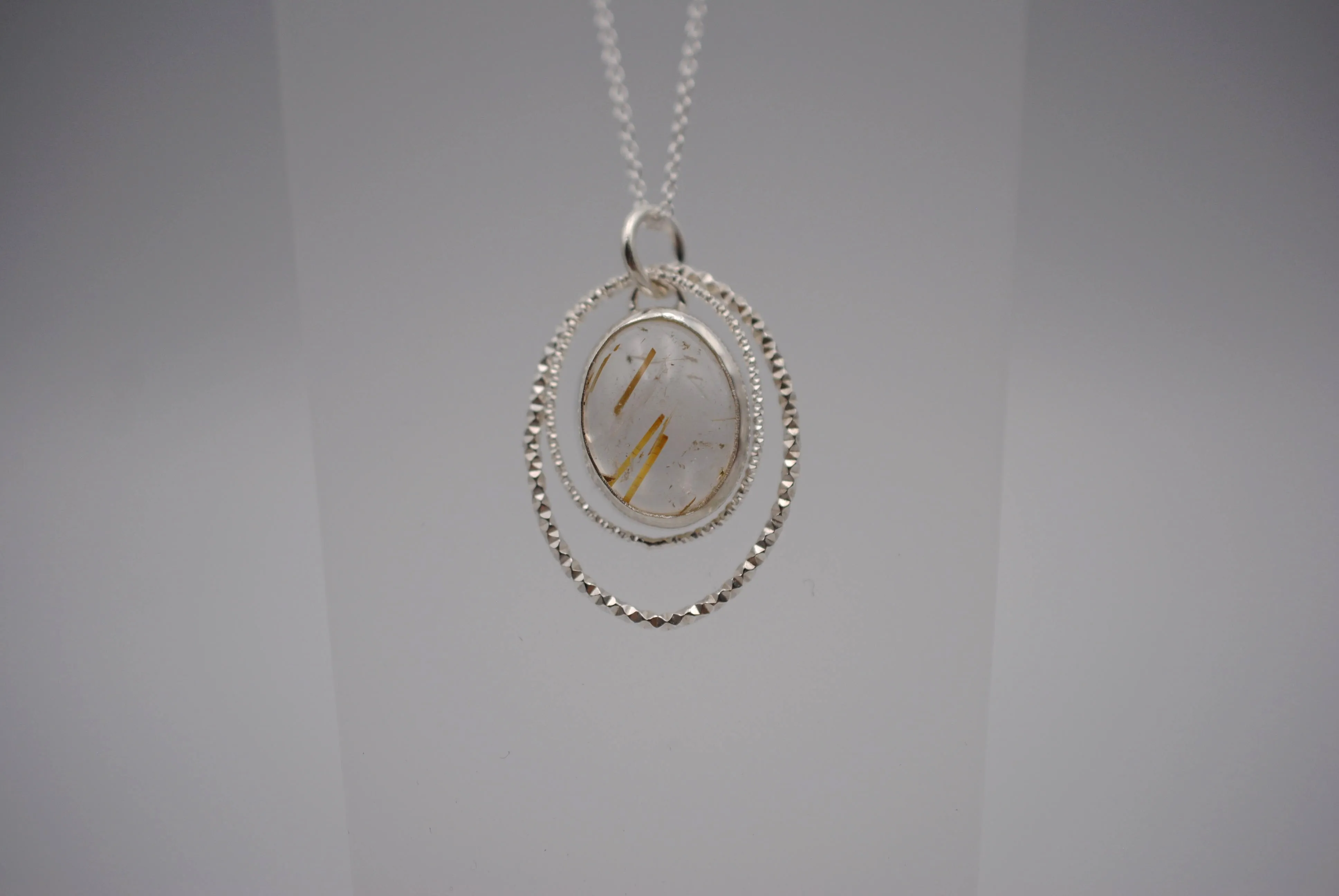 Rutilated Quartz Bezel Setting with Sparkle Halo Necklace