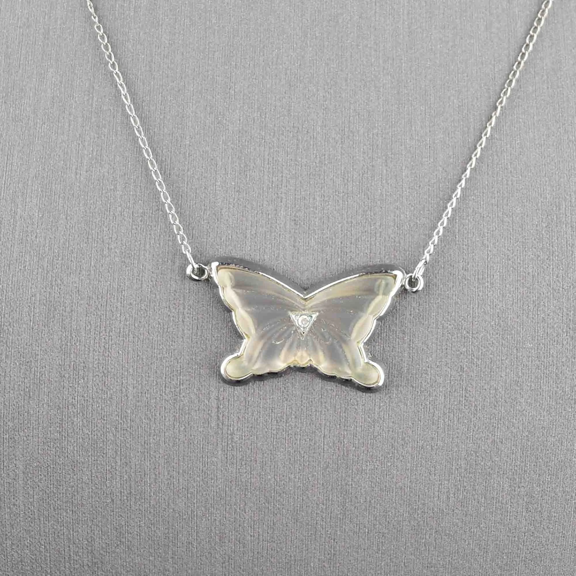 Silver Rock Crystal Diamond Butterfly Pendant Necklace