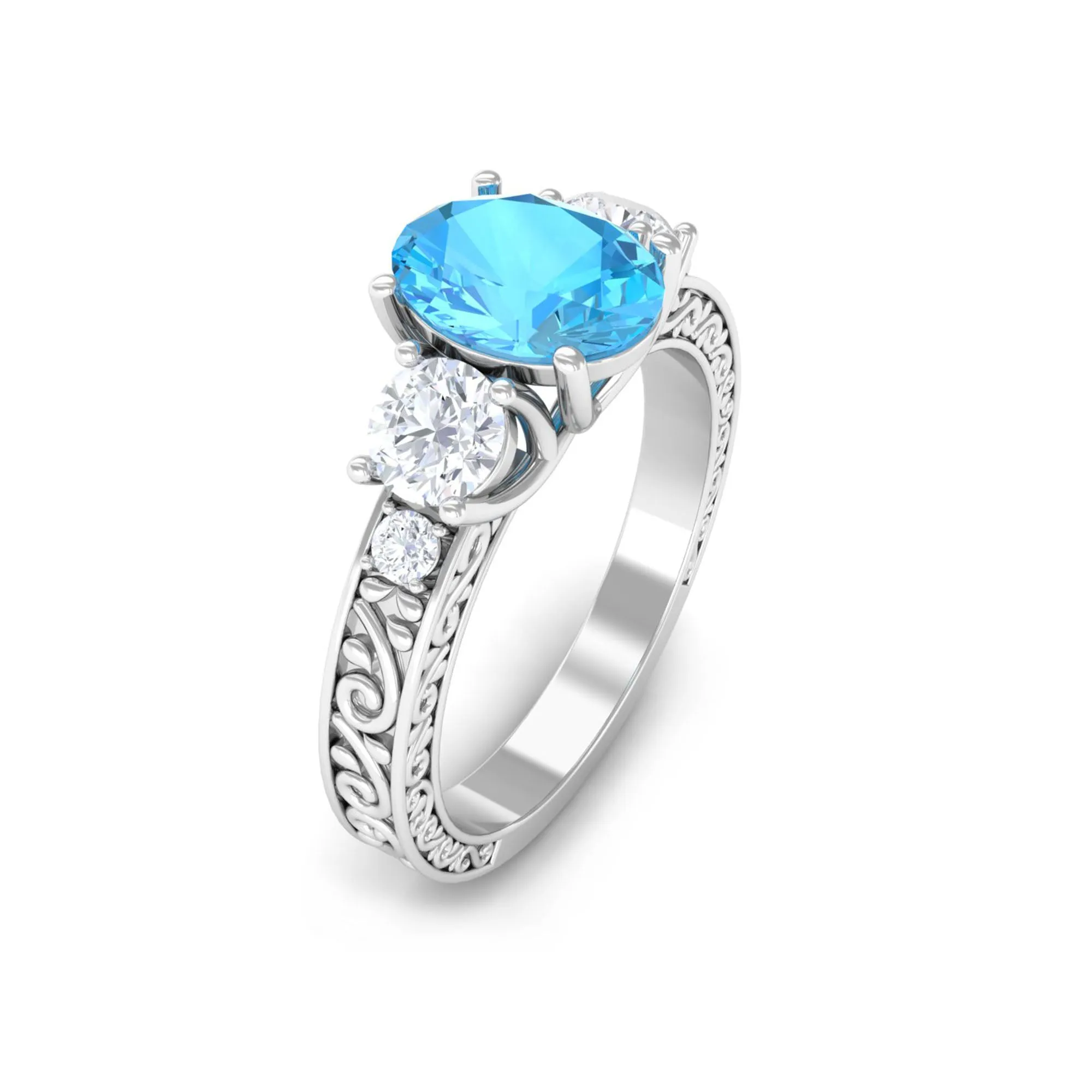 Solitaire Oval Cut Swiss Blue Topaz and Moissanite Gold Engagement Ring