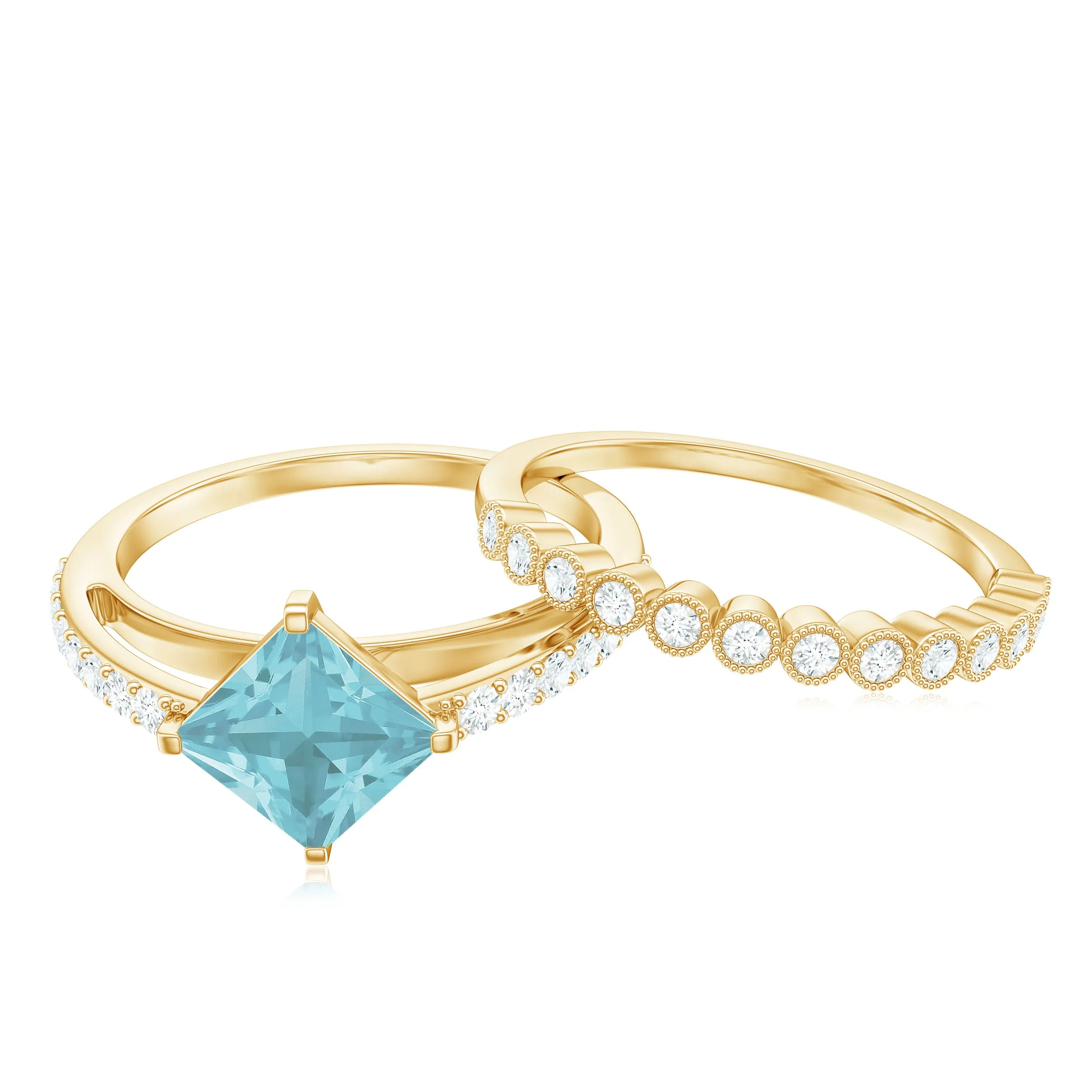Solitaire Sky Blue Topaz and Diamond Beaded Ring Set