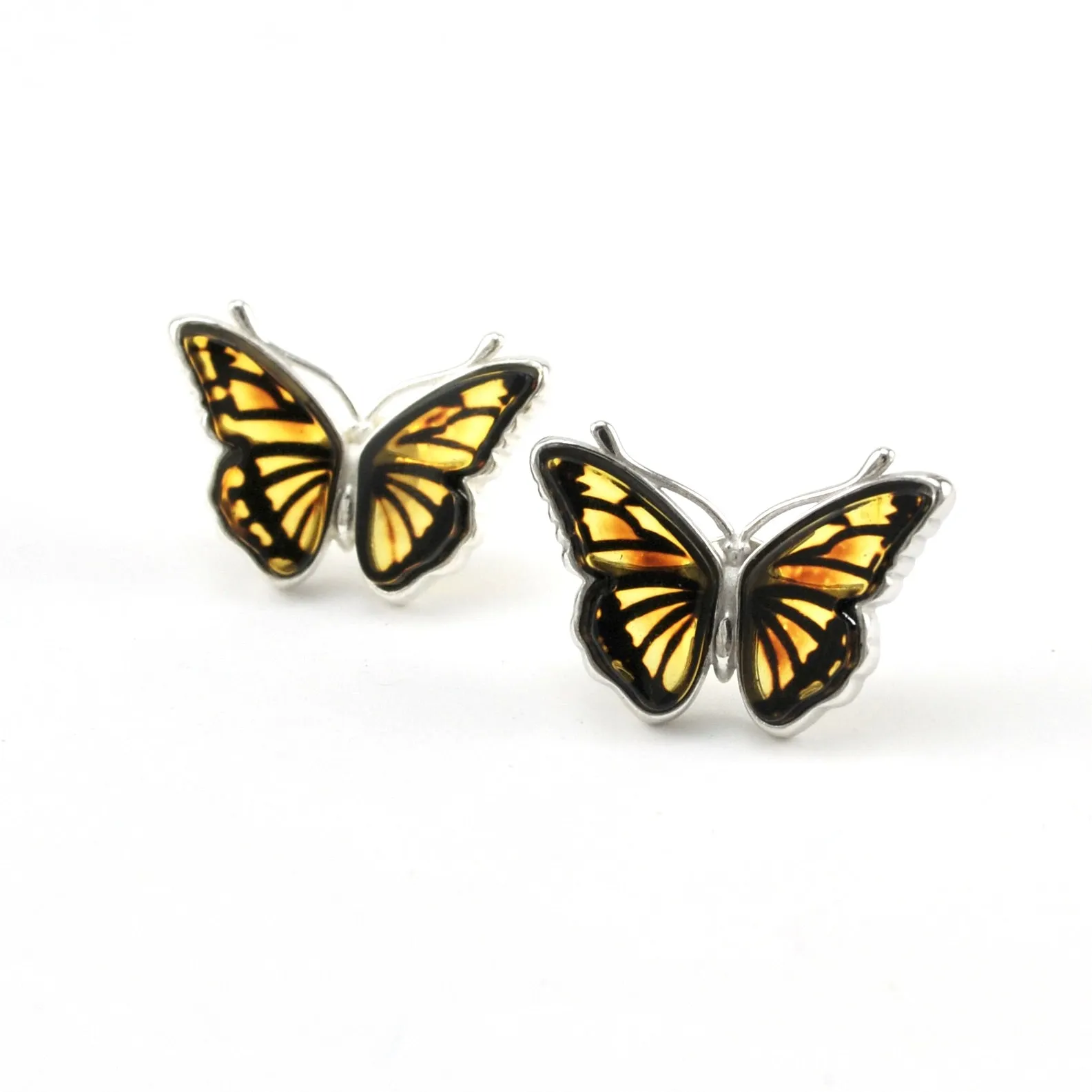 Sterling Silver Amber Intaglio Butterfly Post Earrings