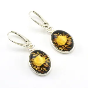 Sterling Silver Amber Intaglio Flower Dangle Earrings