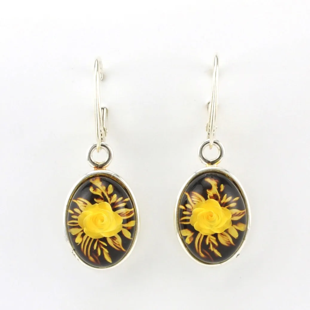 Sterling Silver Amber Intaglio Flower Dangle Earrings