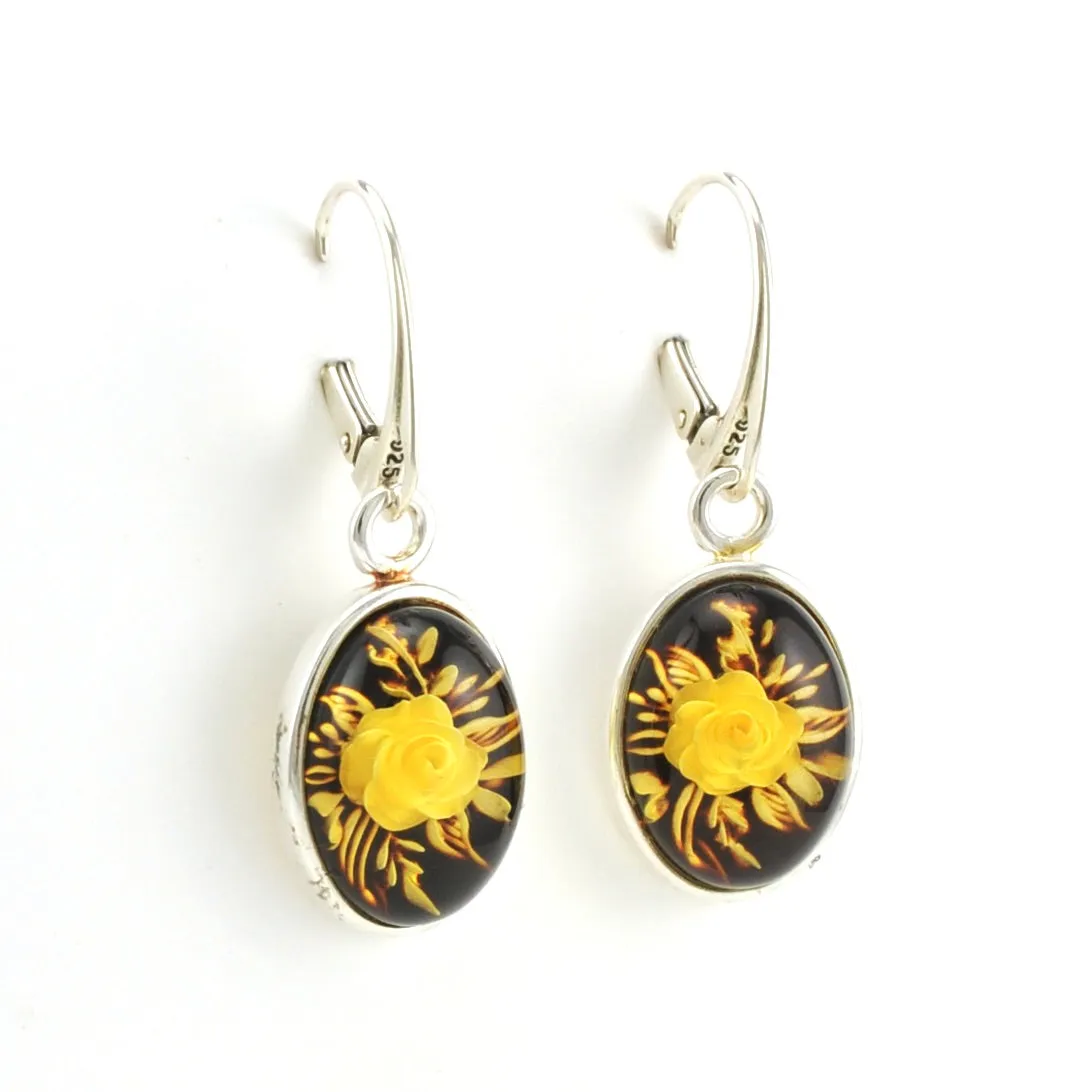 Sterling Silver Amber Intaglio Flower Dangle Earrings