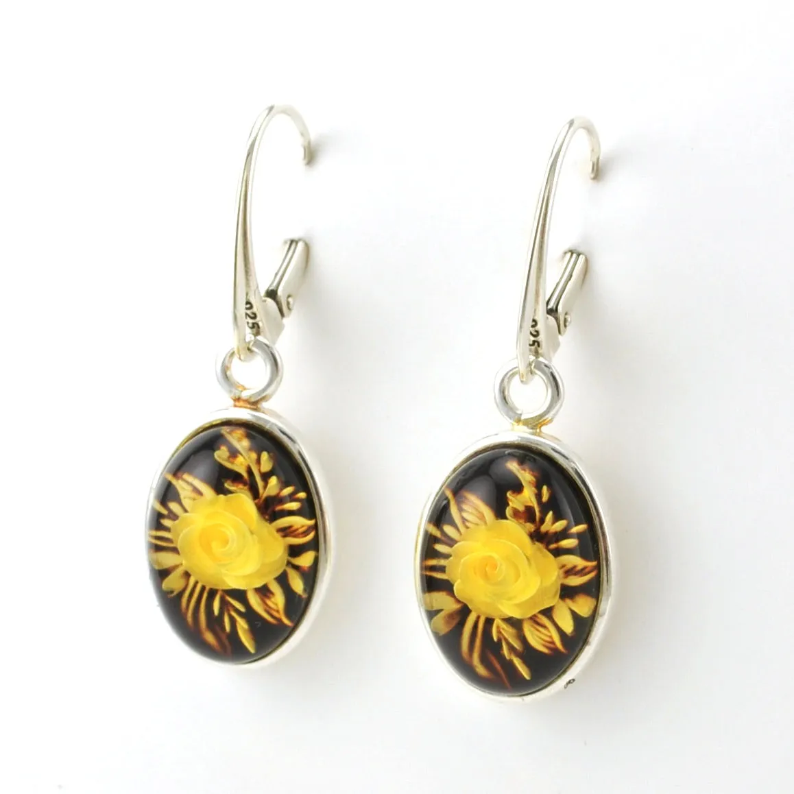 Sterling Silver Amber Intaglio Flower Dangle Earrings