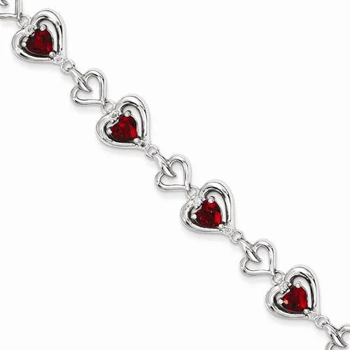 Sterling Silver Diamond & Heart Link Garnet Bracelet
