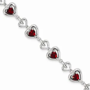 Sterling Silver Diamond & Heart Link Garnet Bracelet