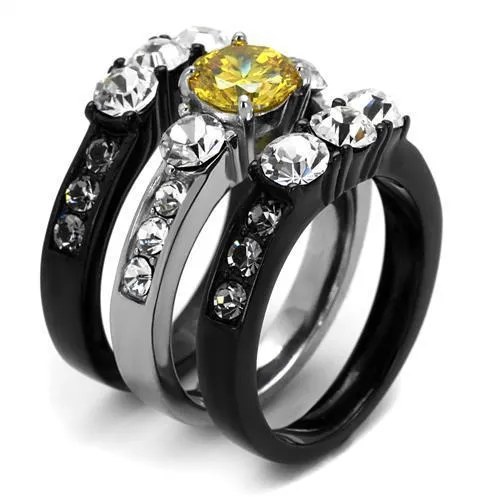 Two-Tone IP Black (Ion Plating) Stainless Steel Ring with AAA Grade CZ in Topaz for Women Style TK2615