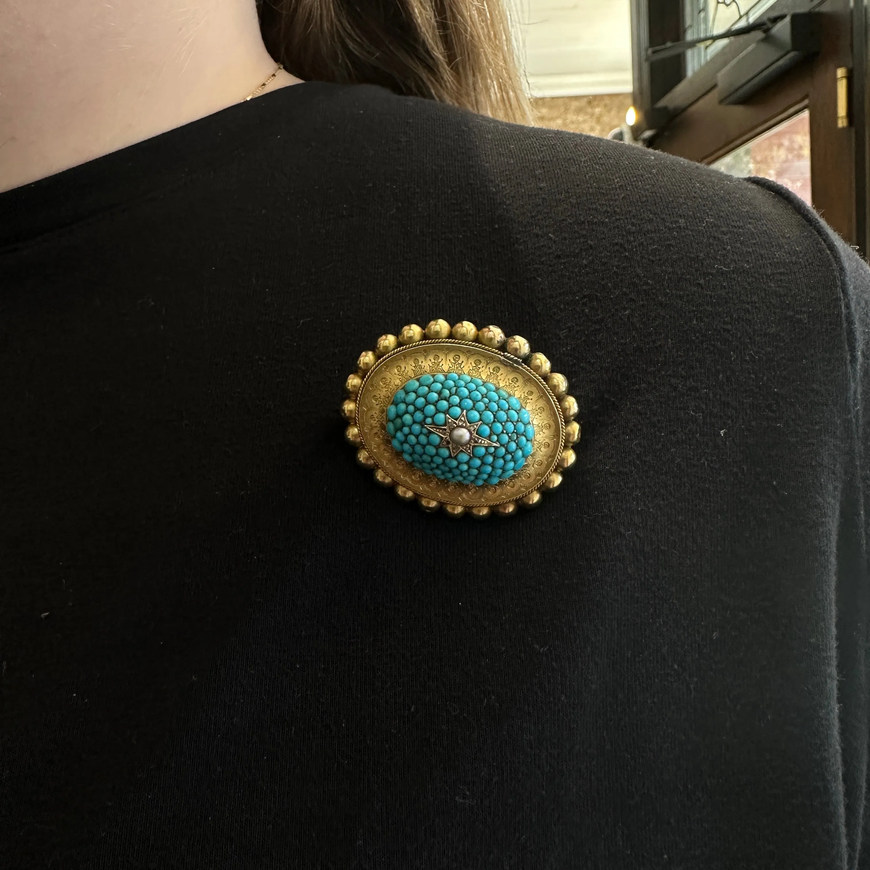 Victorian 14K Yellow Gold Turquoise Pearl and Diamond Locket/Brooch