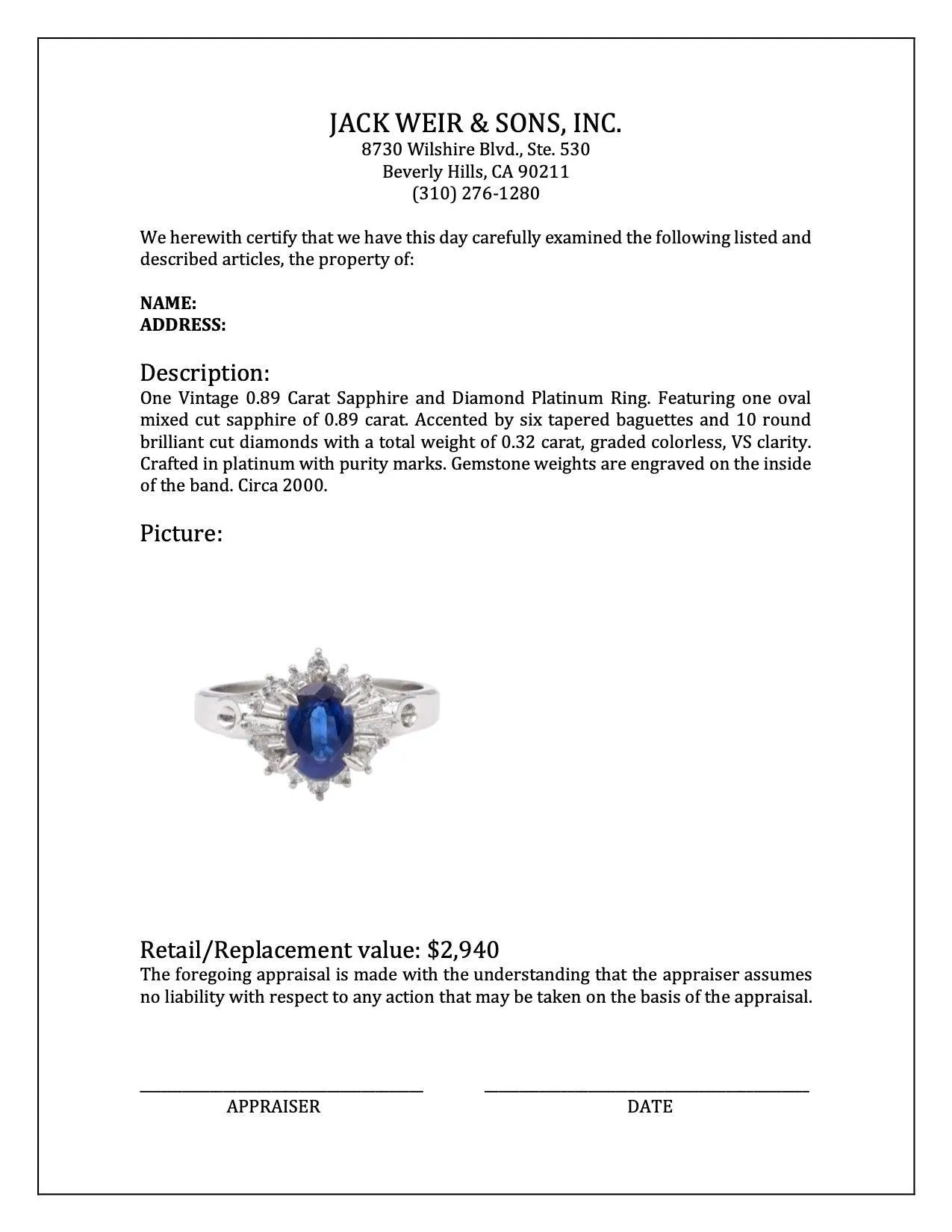 Vintage 0.89 Carat Sapphire and Diamond Platinum Ring