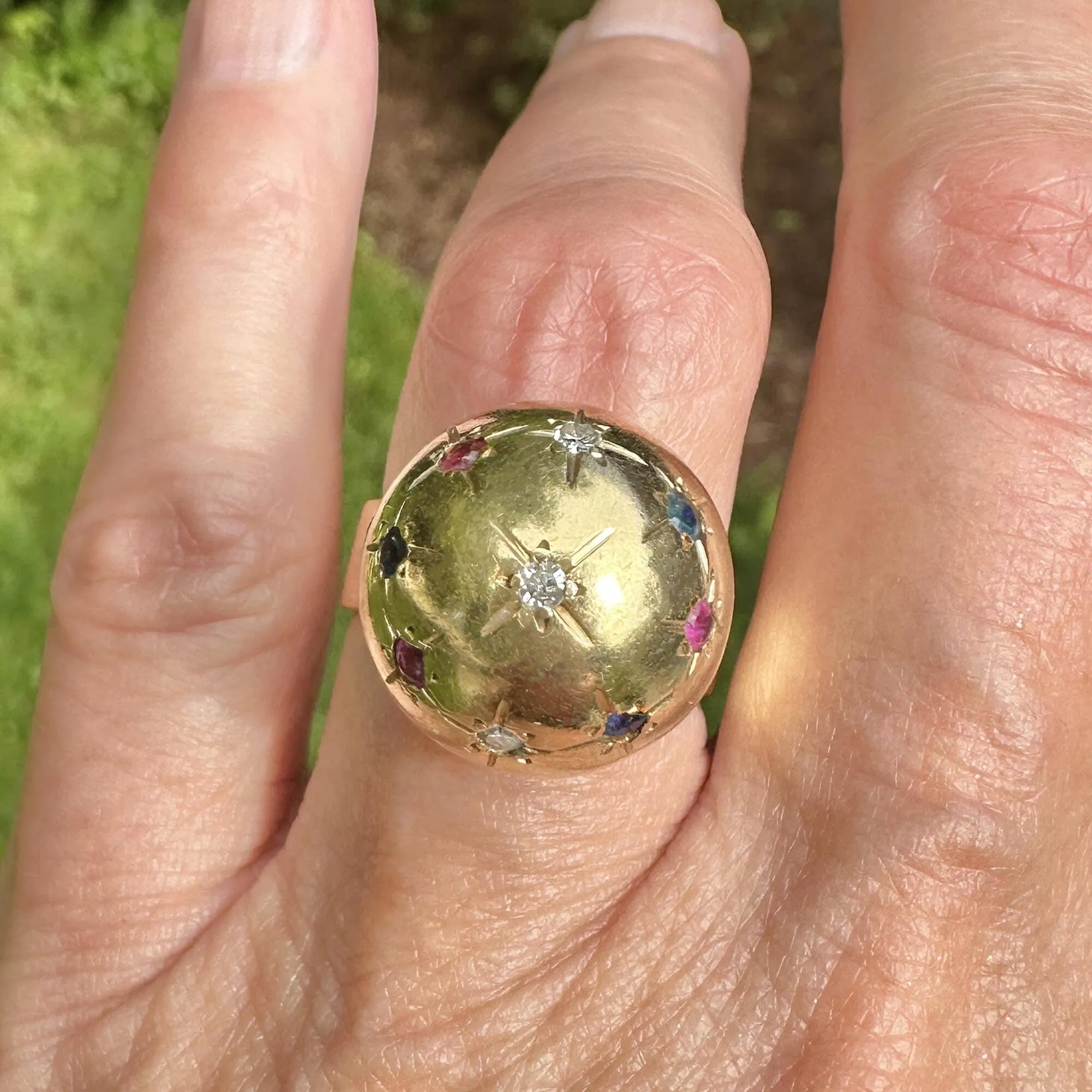 Vintage 18K Gold Star Ruby Sapphire Diamond Dome Ring