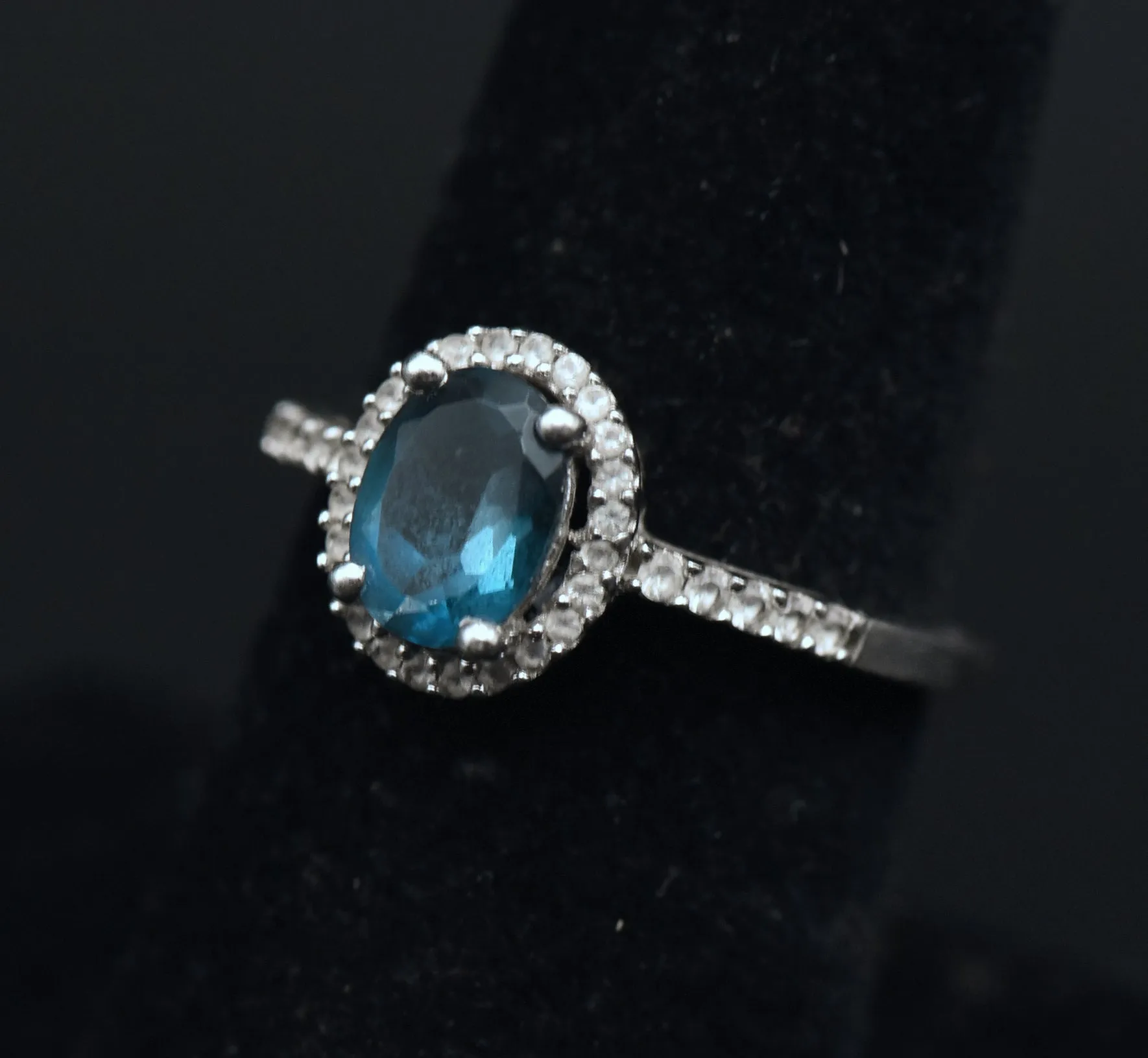 Vintage Blue Topaz Sterling Silver Halo Ring - Size 7