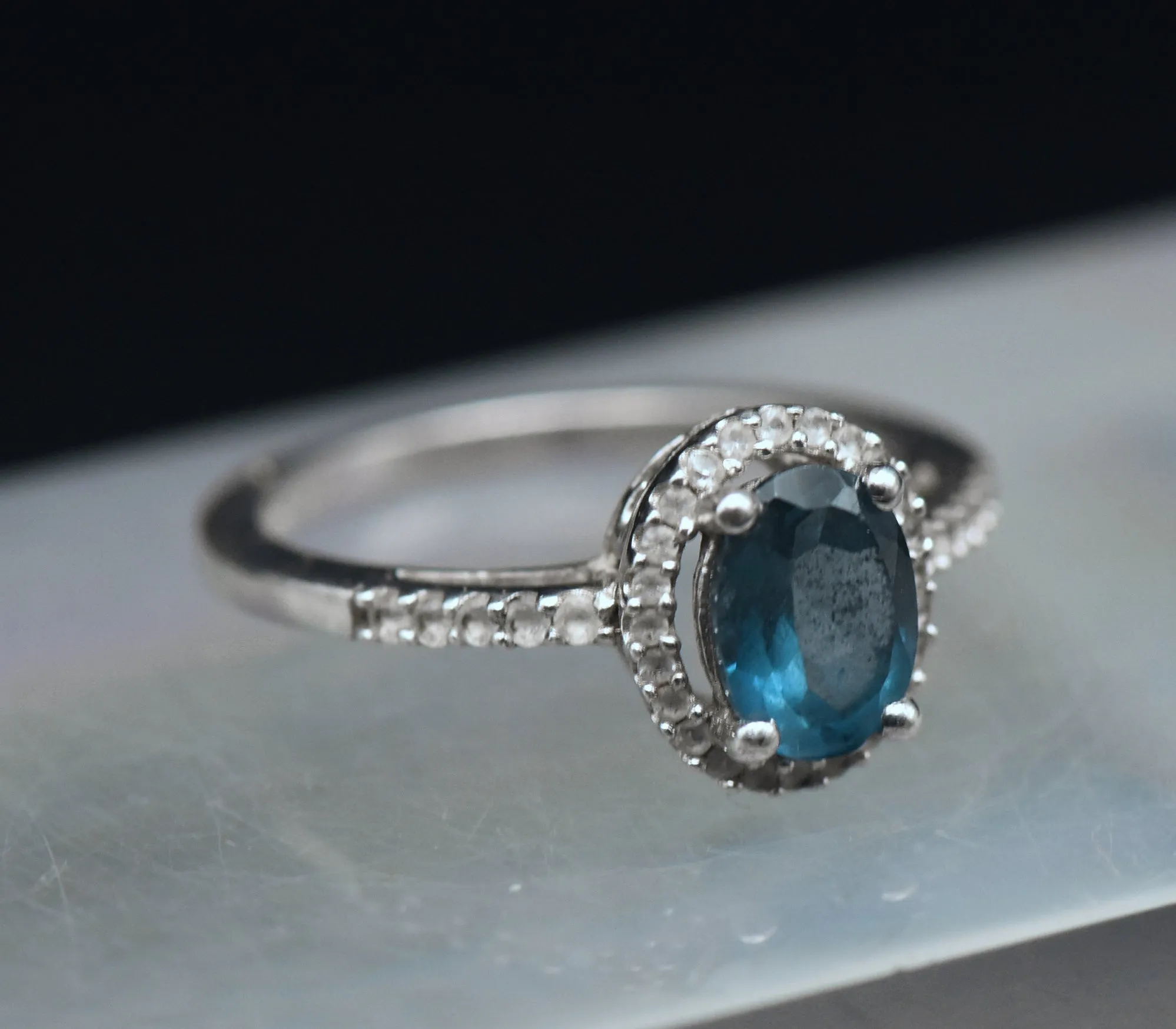 Vintage Blue Topaz Sterling Silver Halo Ring - Size 7