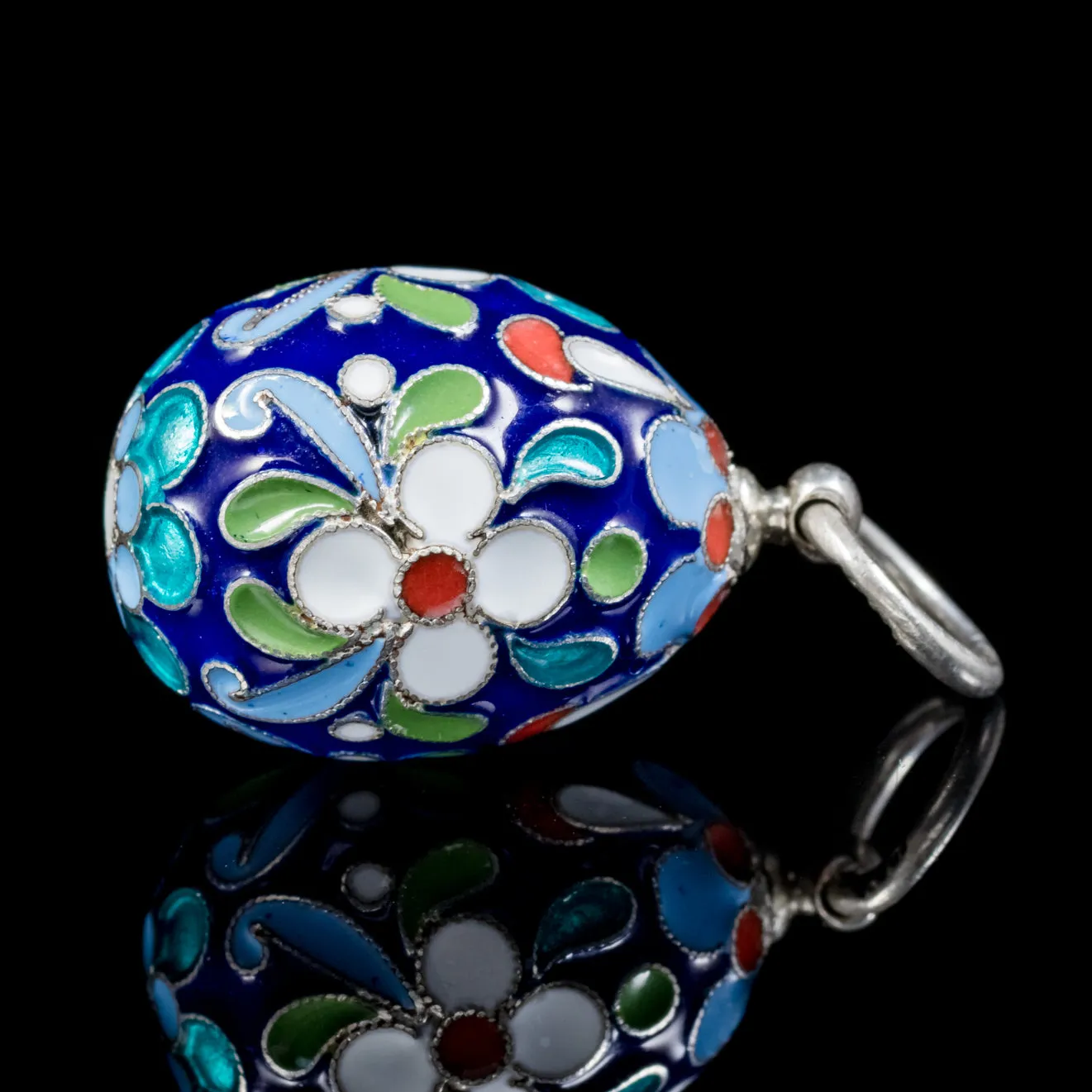 Vintage Egg Pendant Enamel Flowers Silver Circa 1930