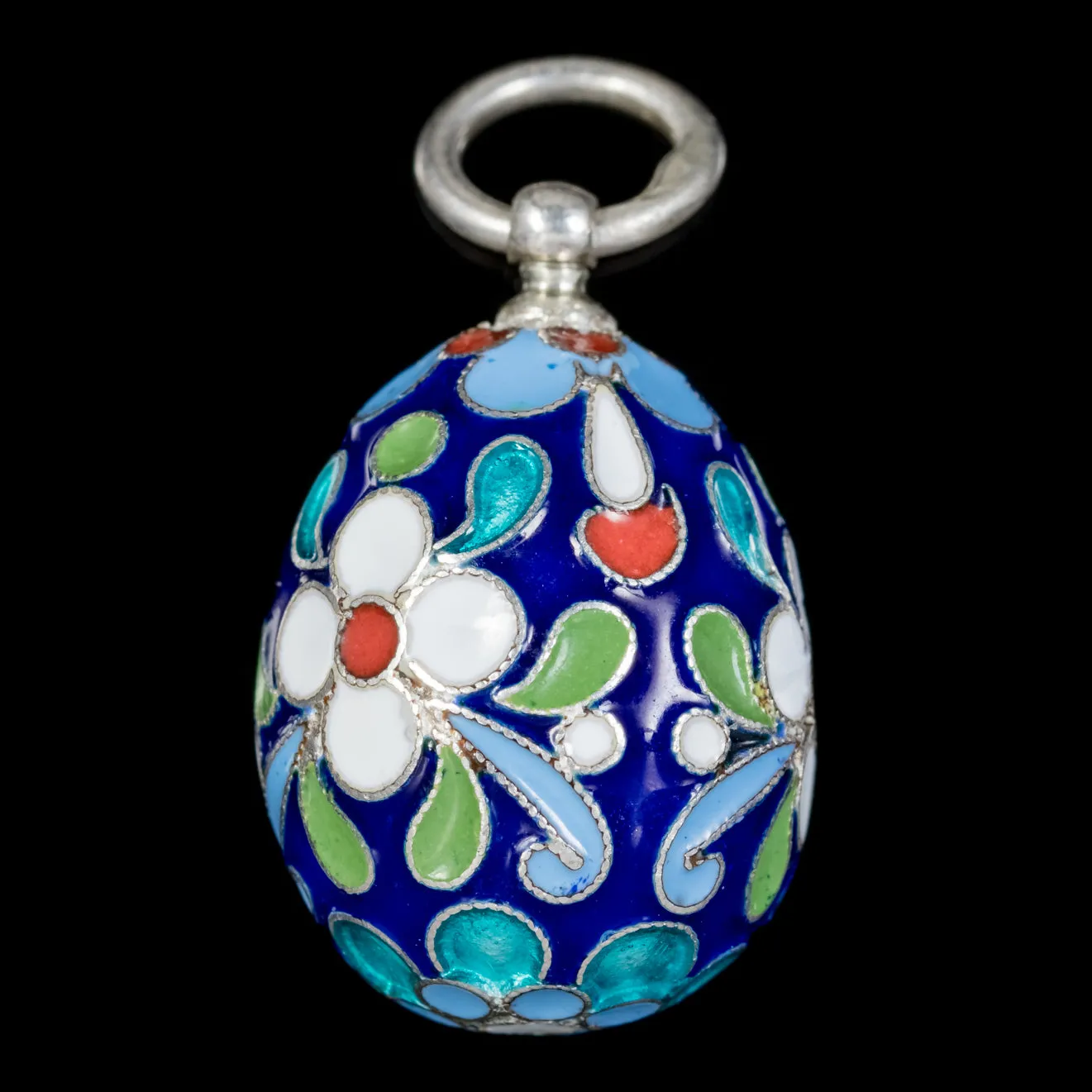 Vintage Egg Pendant Enamel Flowers Silver Circa 1930