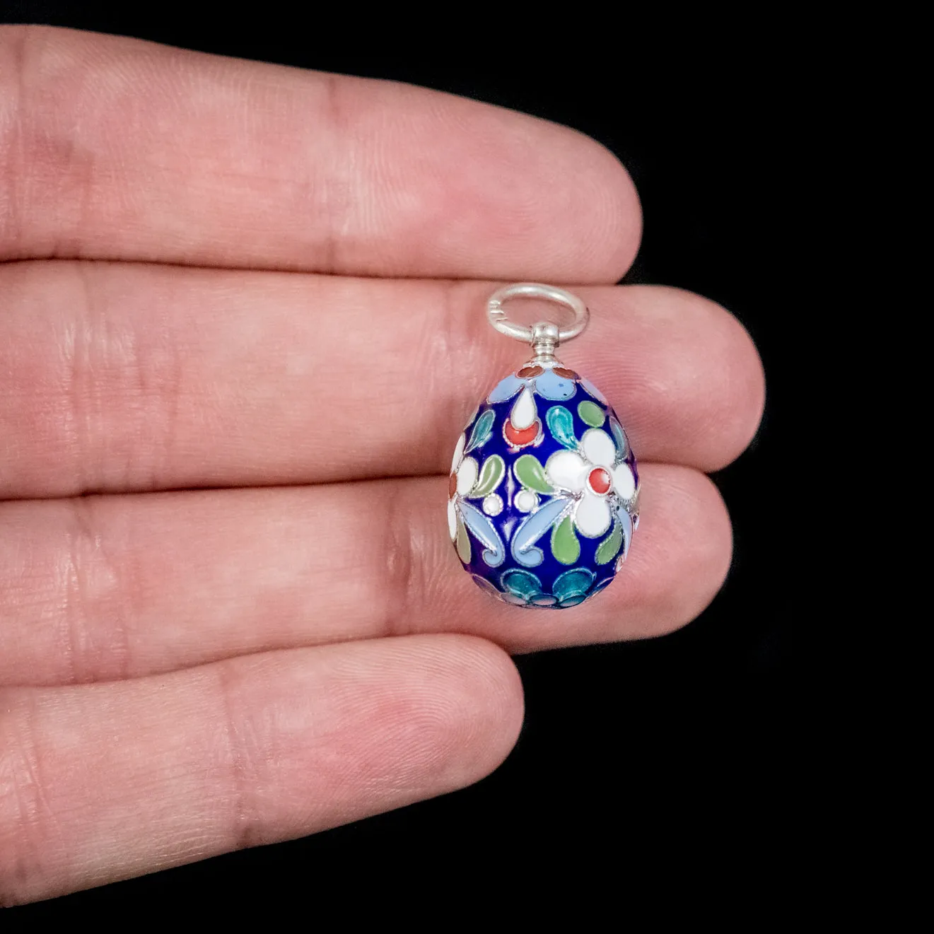 Vintage Egg Pendant Enamel Flowers Silver Circa 1930