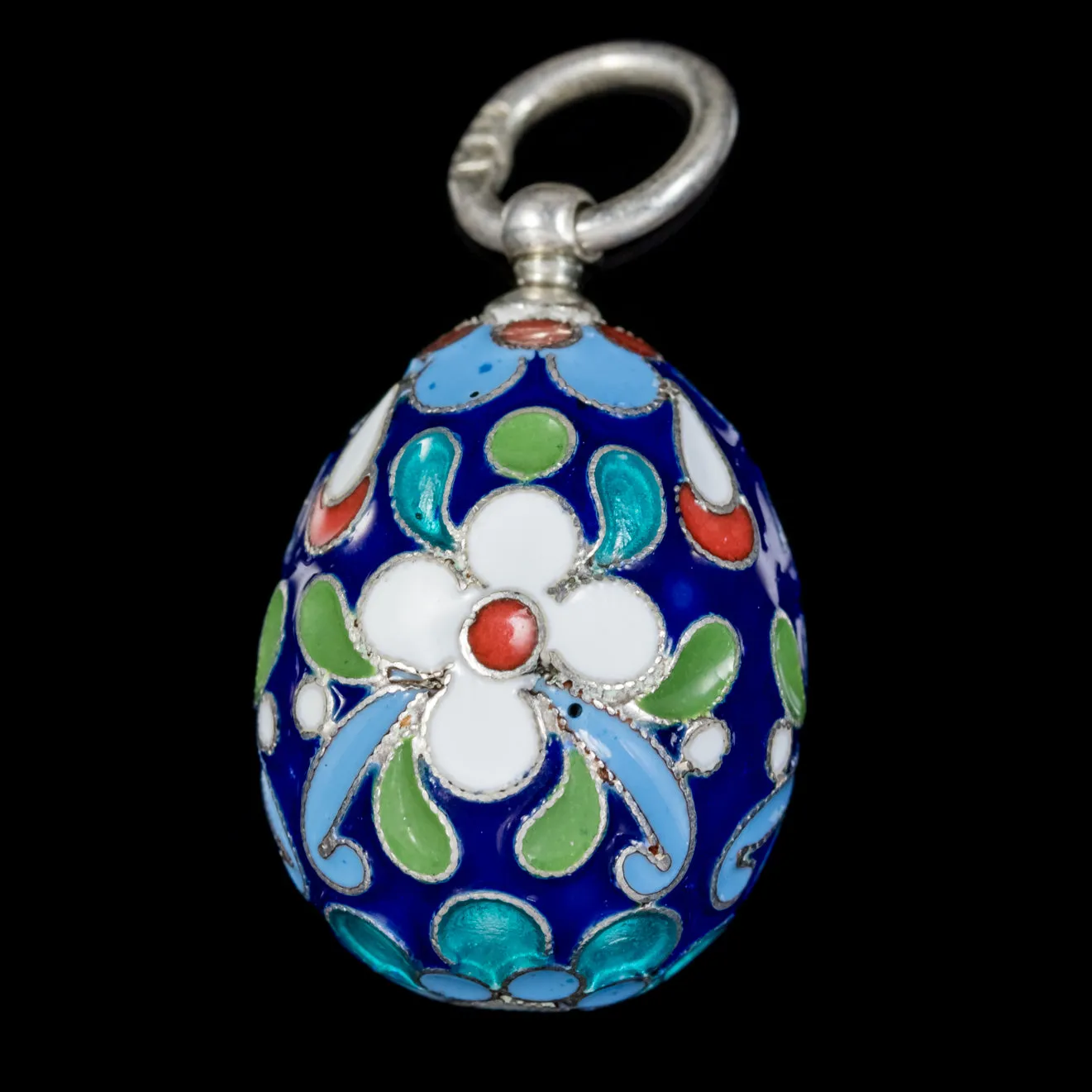 Vintage Egg Pendant Enamel Flowers Silver Circa 1930