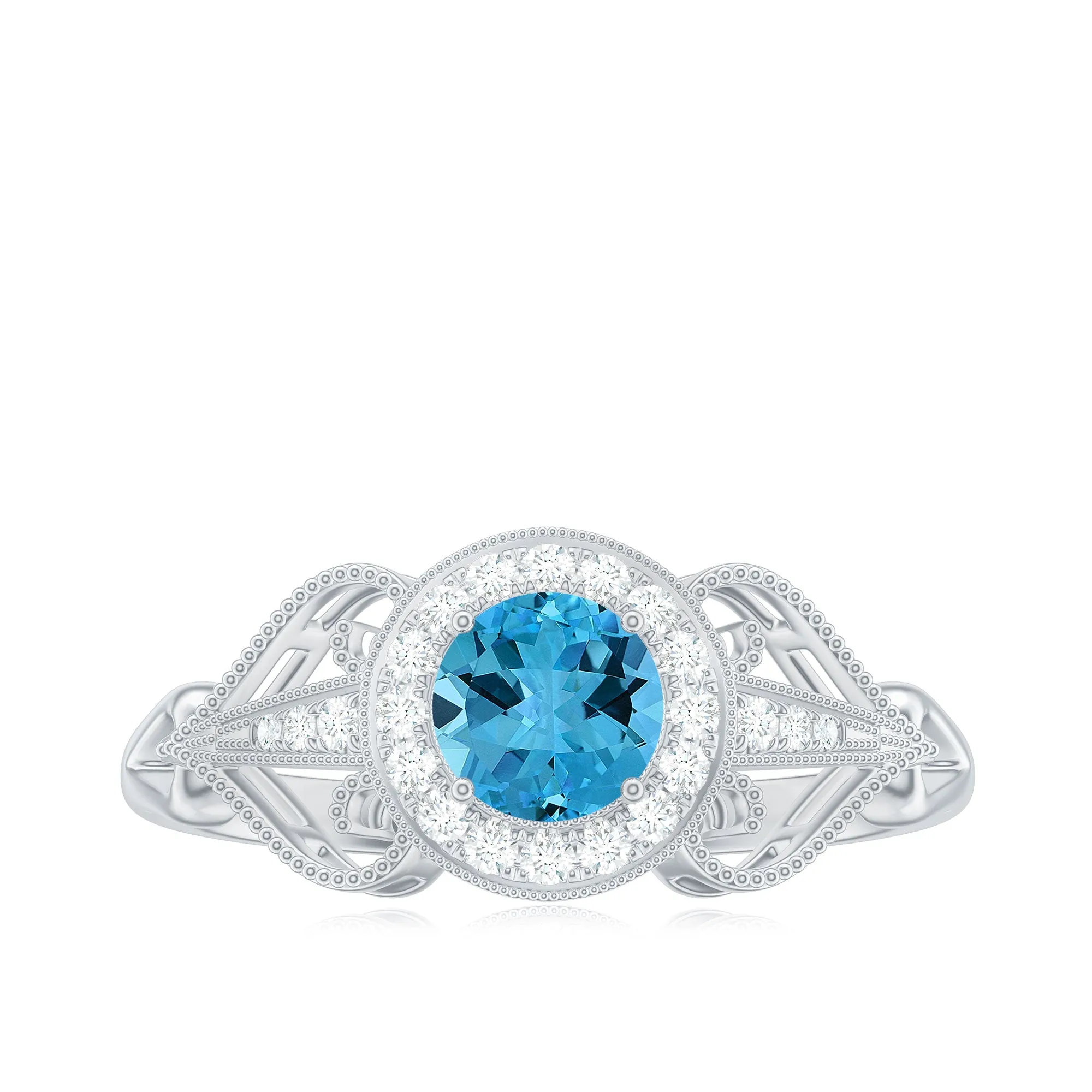 Vintage Style Real Swiss Blue Topaz and Diamond Engagement Ring