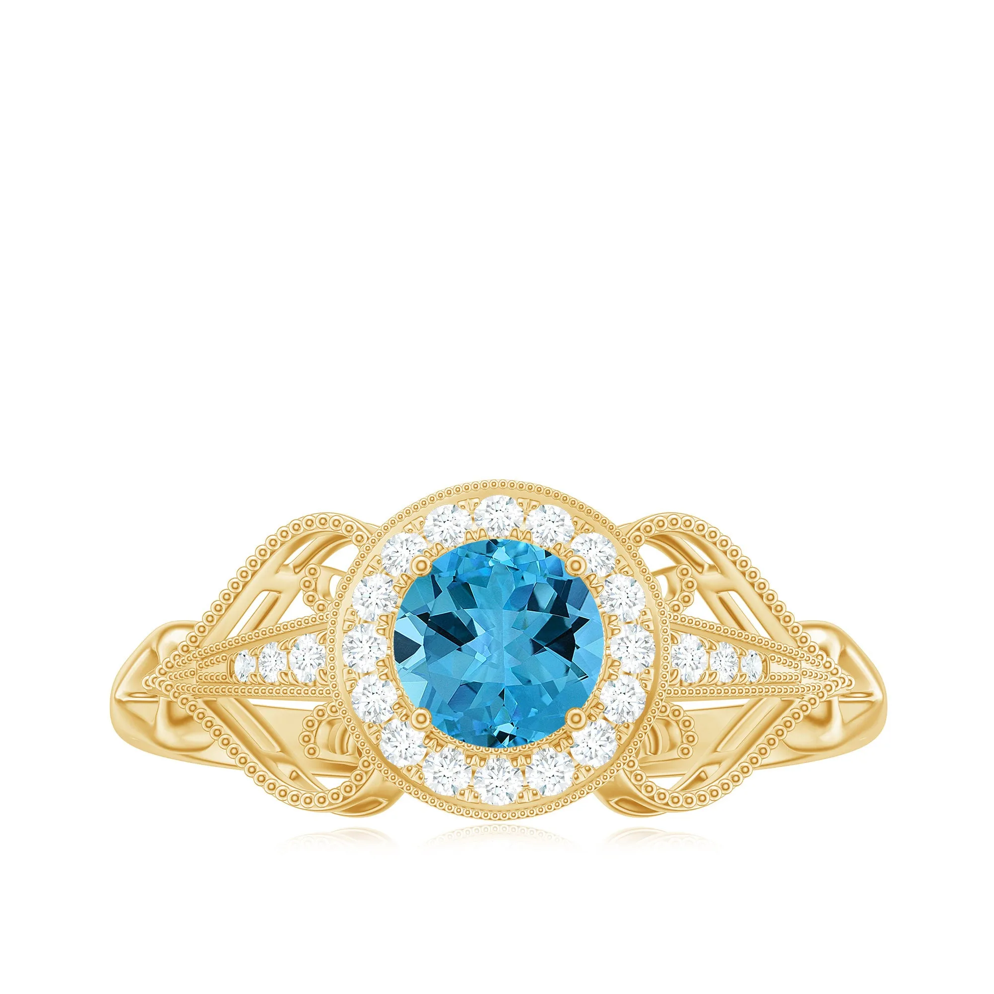 Vintage Style Real Swiss Blue Topaz and Diamond Engagement Ring