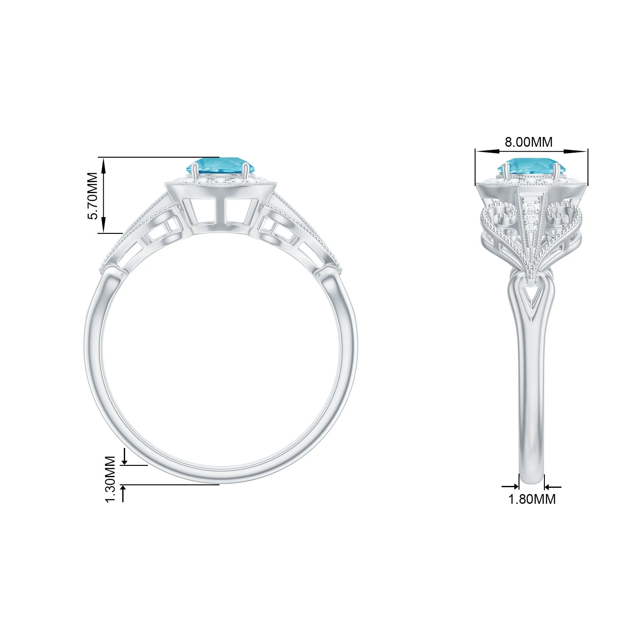 Vintage Style Real Swiss Blue Topaz and Diamond Engagement Ring
